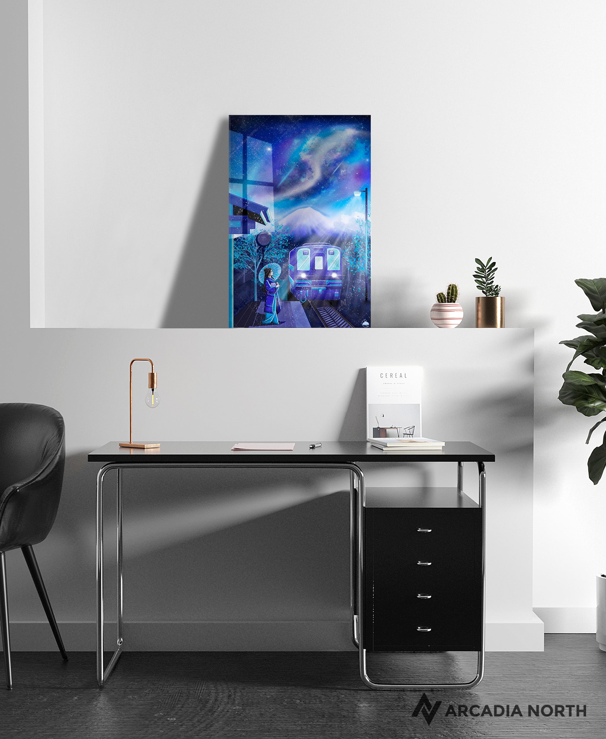 Arcadia North acrylic poster acrylic print. Celestial Train Station by French artist Nebyula. Backlightable acrylic wall art printed on acrylic.