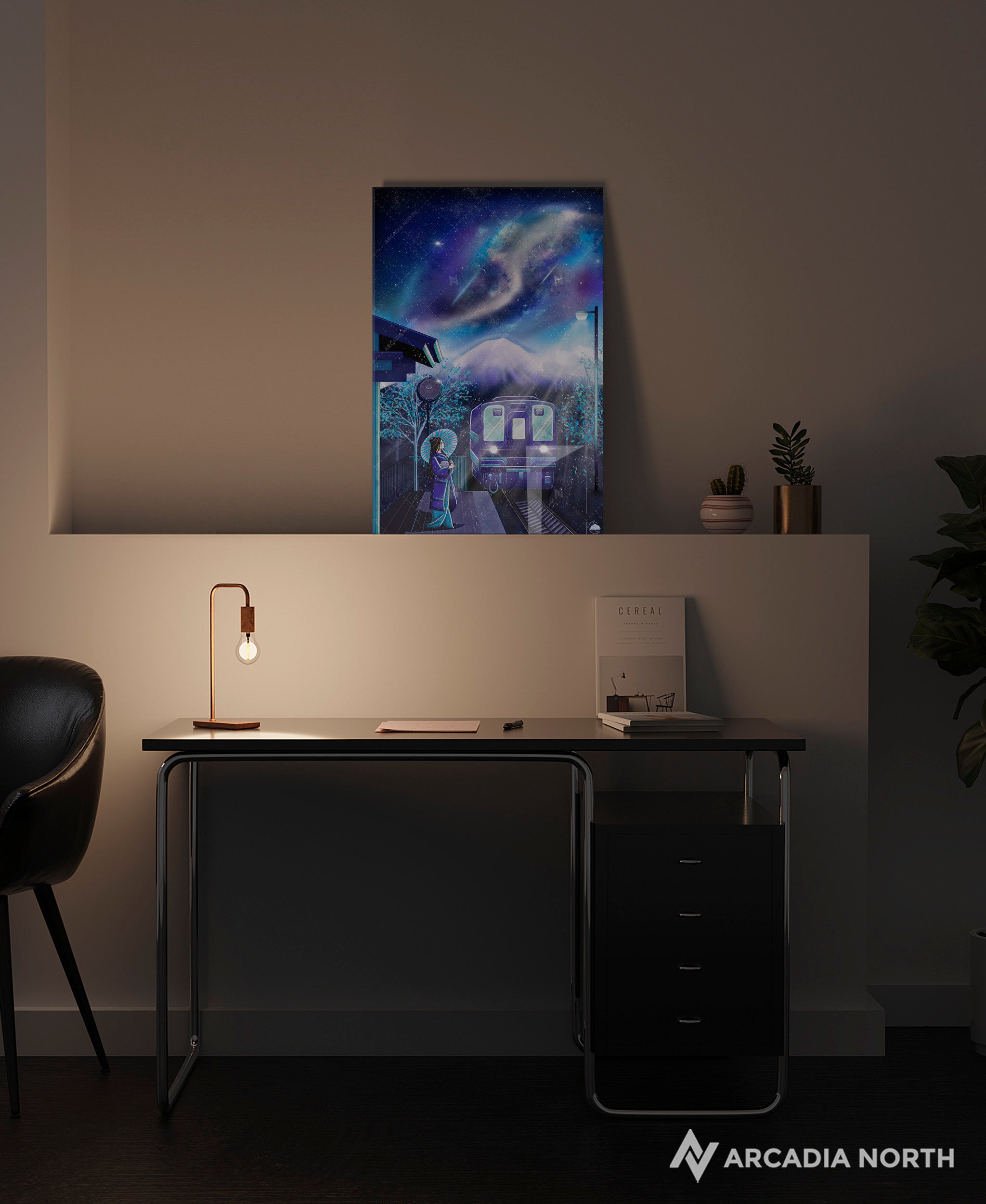 Arcadia North acrylic poster acrylic print. Celestial Train Station by French artist Nebyula. Backlightable acrylic wall art printed on acrylic.