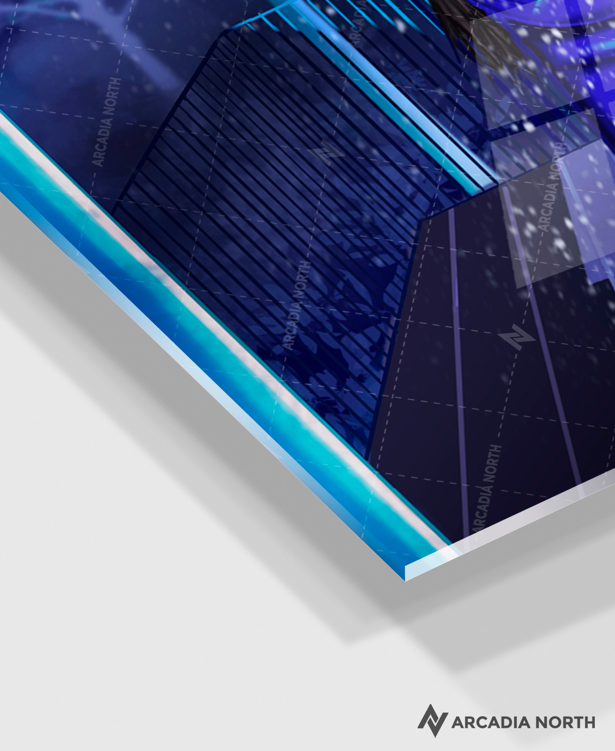 Arcadia North acrylic poster acrylic print. Celestial Train Station by French artist Nebyula. Backlightable acrylic wall art printed on acrylic.