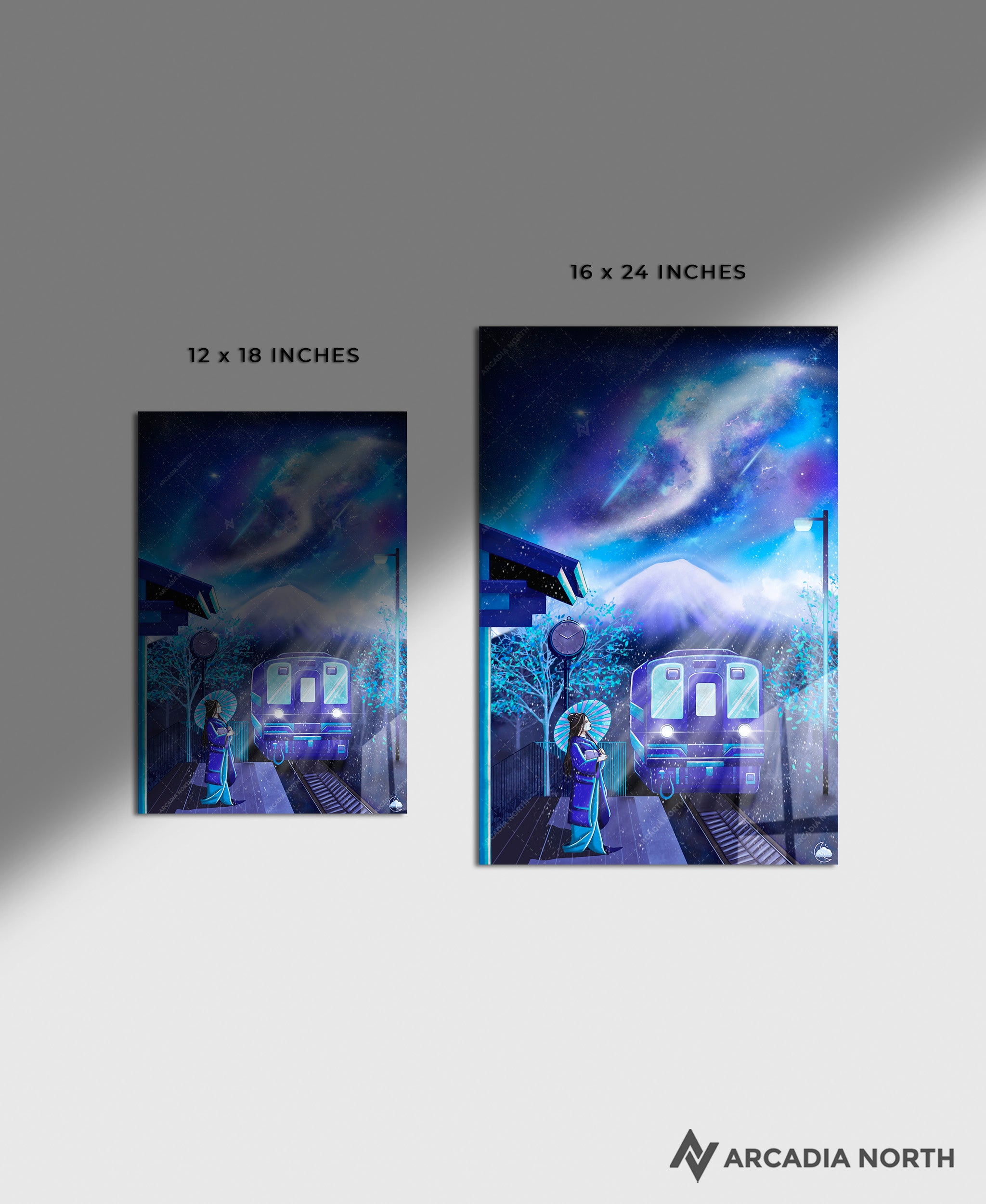 Arcadia North acrylic poster acrylic print. Celestial Train Station by French artist Nebyula. Backlightable acrylic wall art printed on acrylic.