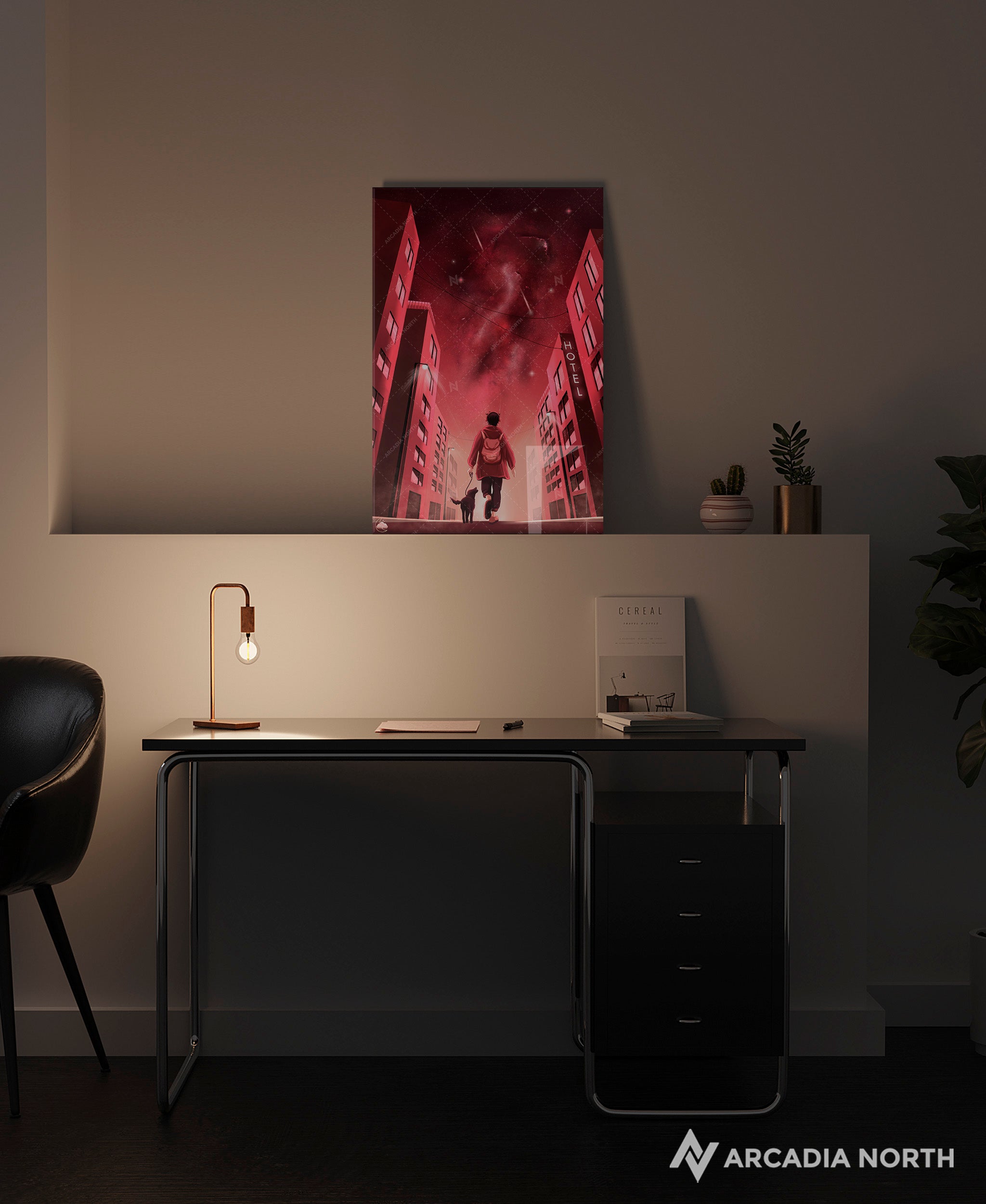 Arcadia North acrylic poster acrylic print. Cosmic Wandering by French artist Nebyula. Backlightable acrylic wall art printed on acrylic.