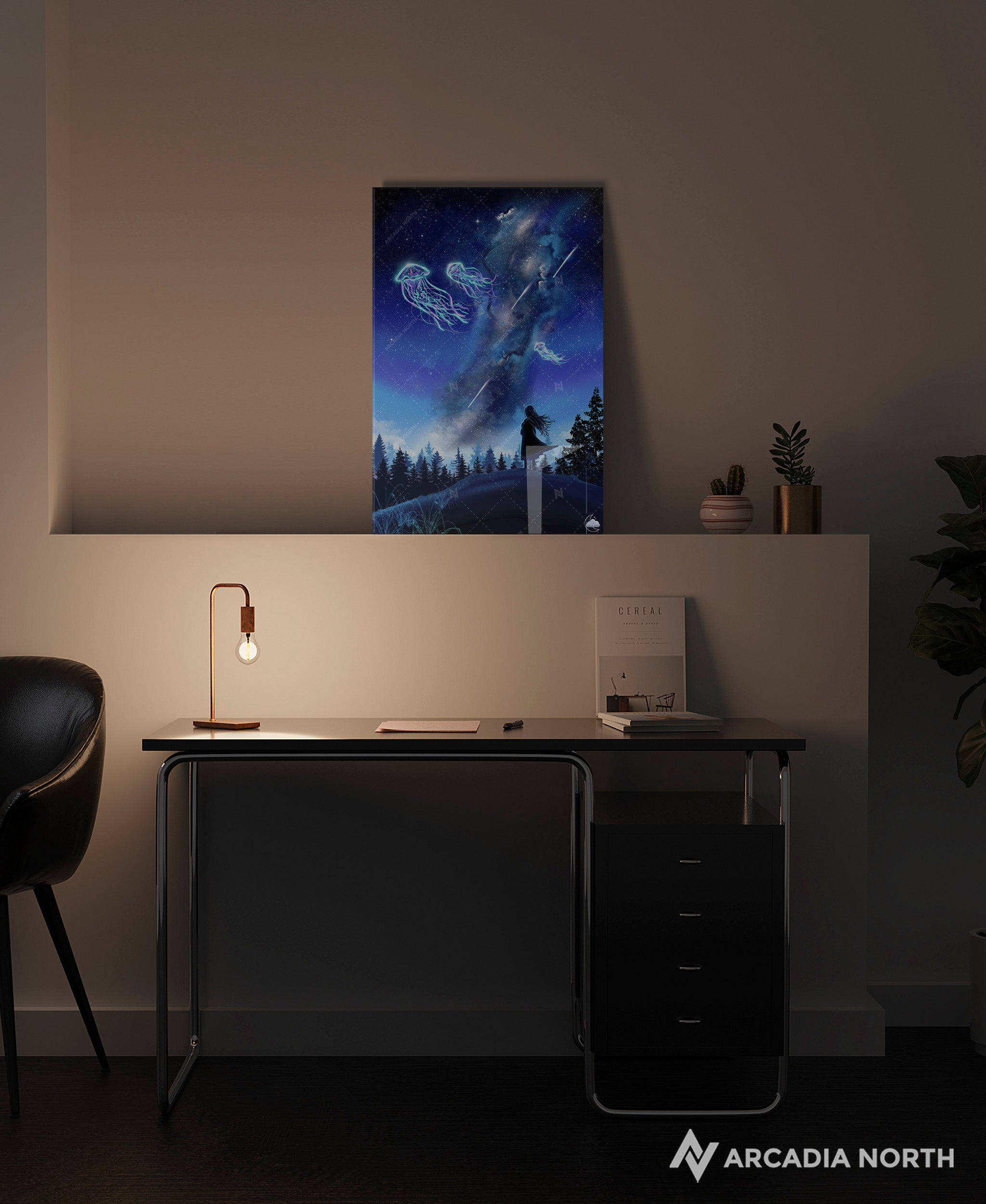 Arcadia North acrylic poster acrylic print. Galactic Illusions by French artist Nebyula. Backlightable acrylic wall art printed on acrylic.