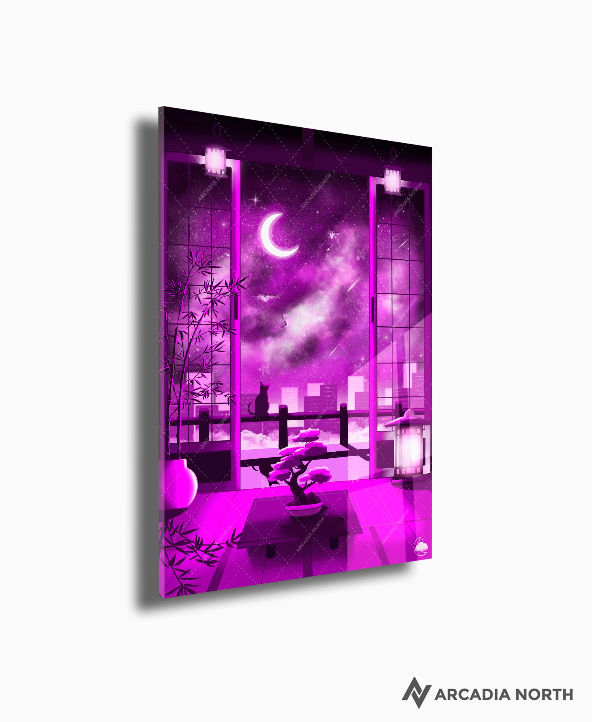 Arcadia North acrylic poster acrylic print. Lofi Nightfall by French artist Nebyula. Backlightable acrylic wall art printed on acrylic.