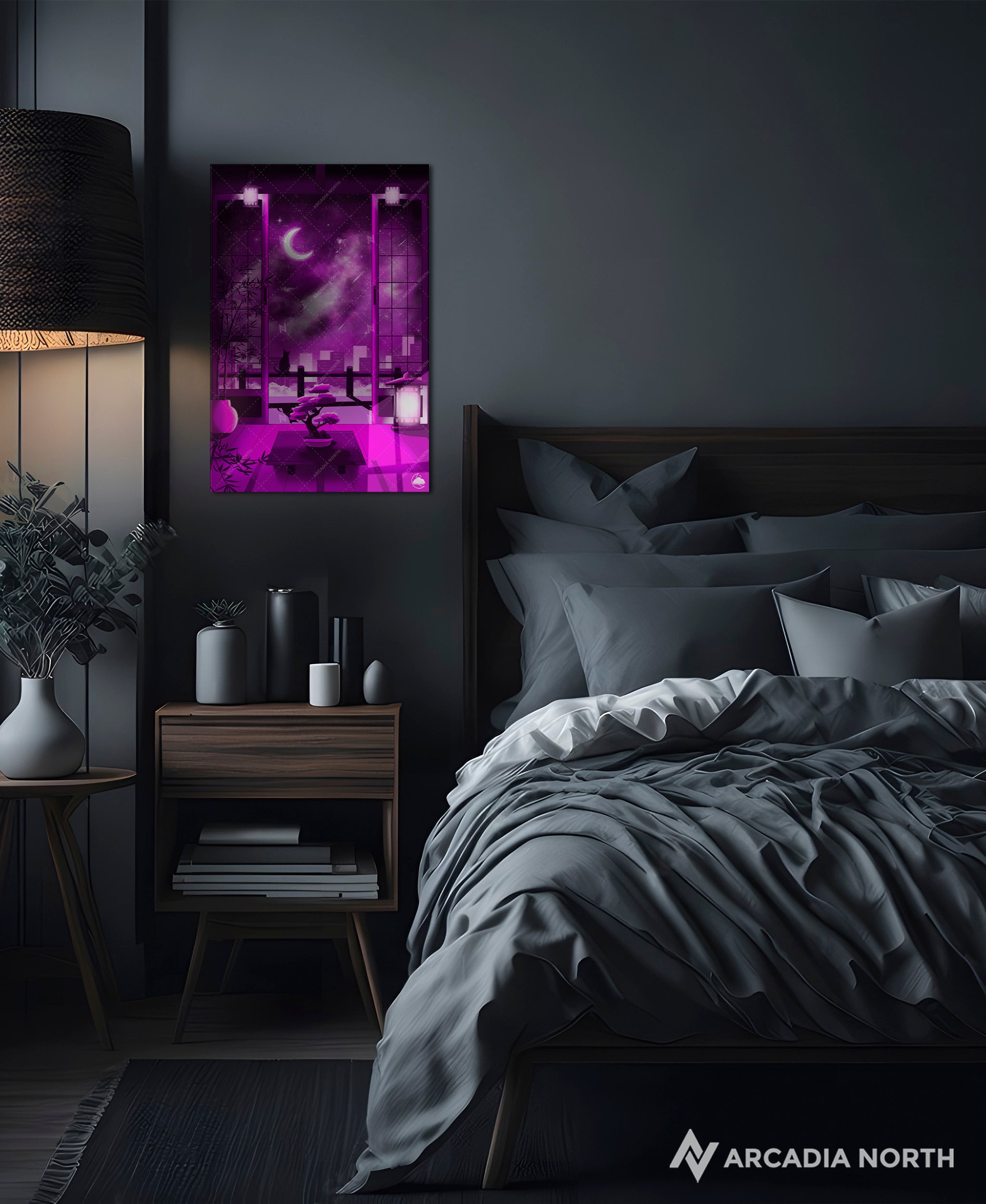 Arcadia North acrylic poster acrylic print. Lofi Nightfall by French artist Nebyula. Backlightable acrylic wall art printed on acrylic.