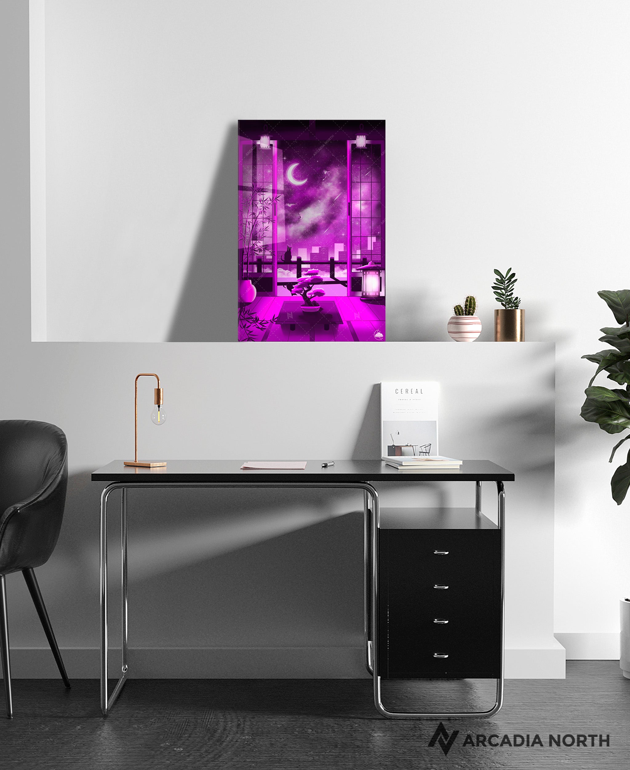Arcadia North acrylic poster acrylic print. Lofi Nightfall by French artist Nebyula. Backlightable acrylic wall art printed on acrylic.