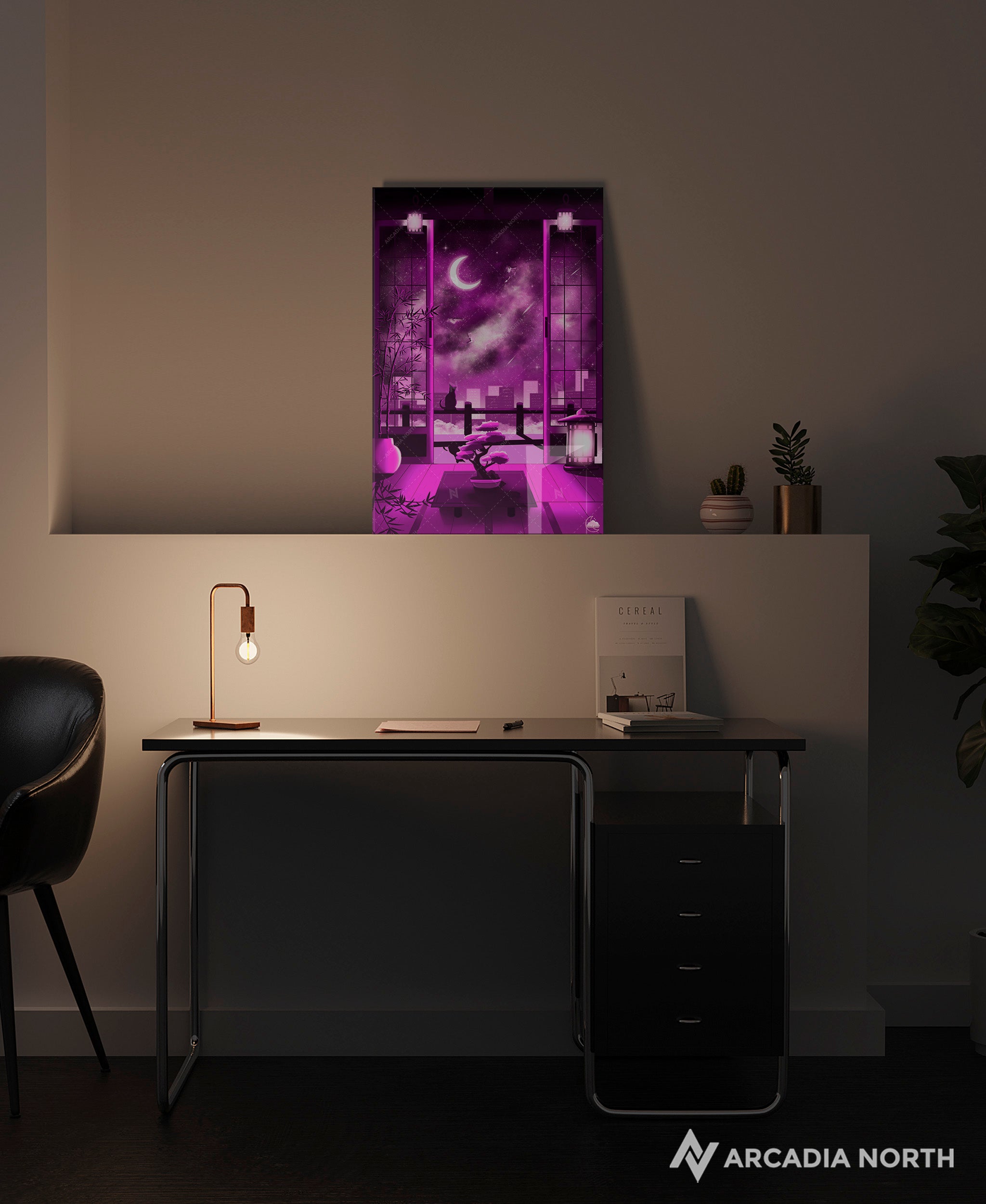 Arcadia North acrylic poster acrylic print. Lofi Nightfall by French artist Nebyula. Backlightable acrylic wall art printed on acrylic.