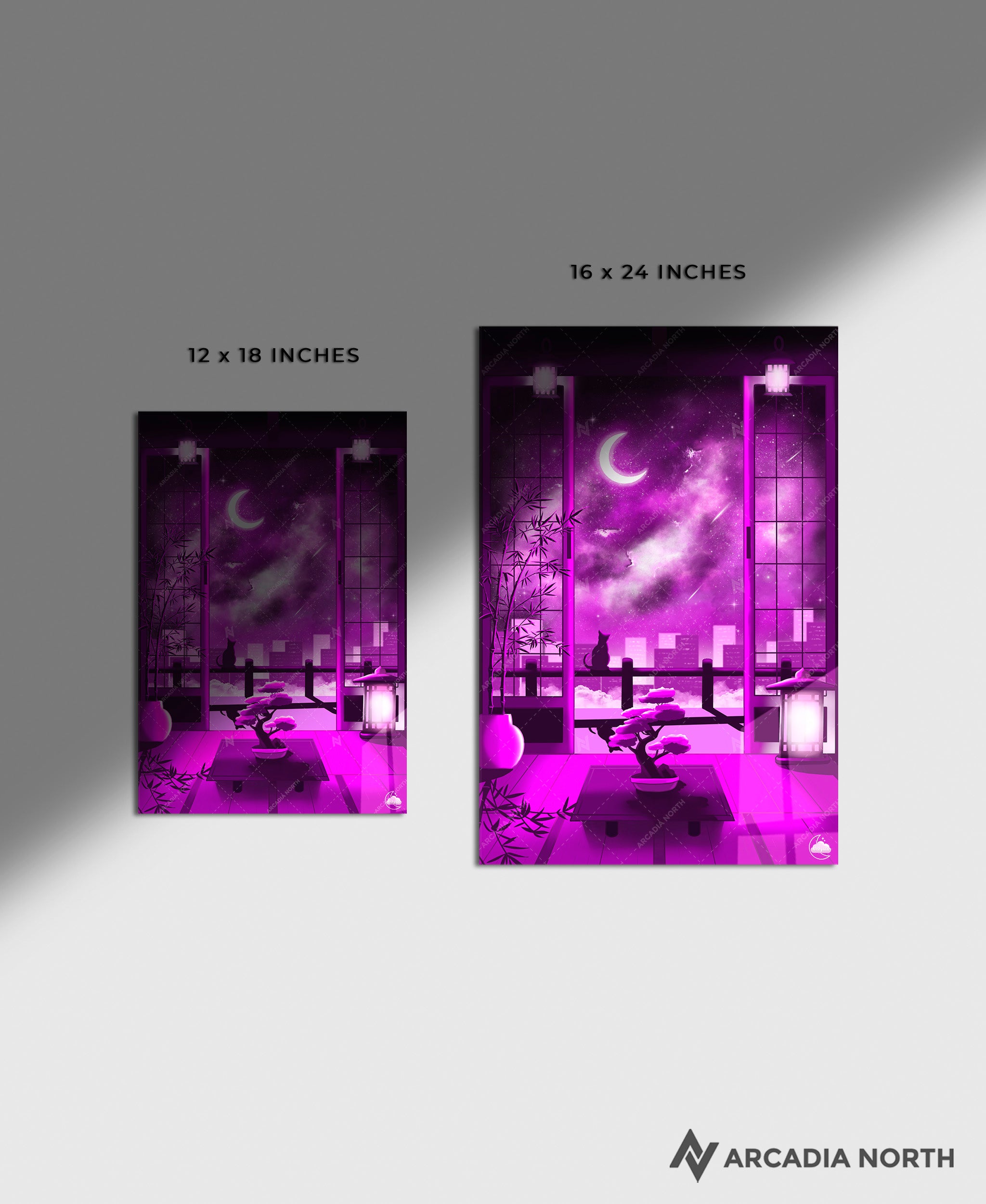 Arcadia North acrylic poster acrylic print. Lofi Nightfall by French artist Nebyula. Backlightable acrylic wall art printed on acrylic.