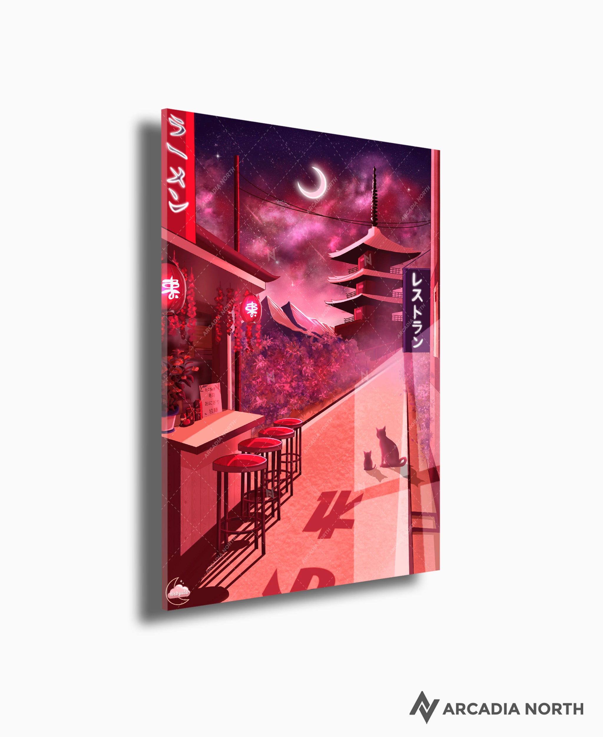 Arcadia North acrylic poster acrylic print. Midnight Ramen by French artist Nebyula. Backlightable acrylic wall art printed on acrylic.