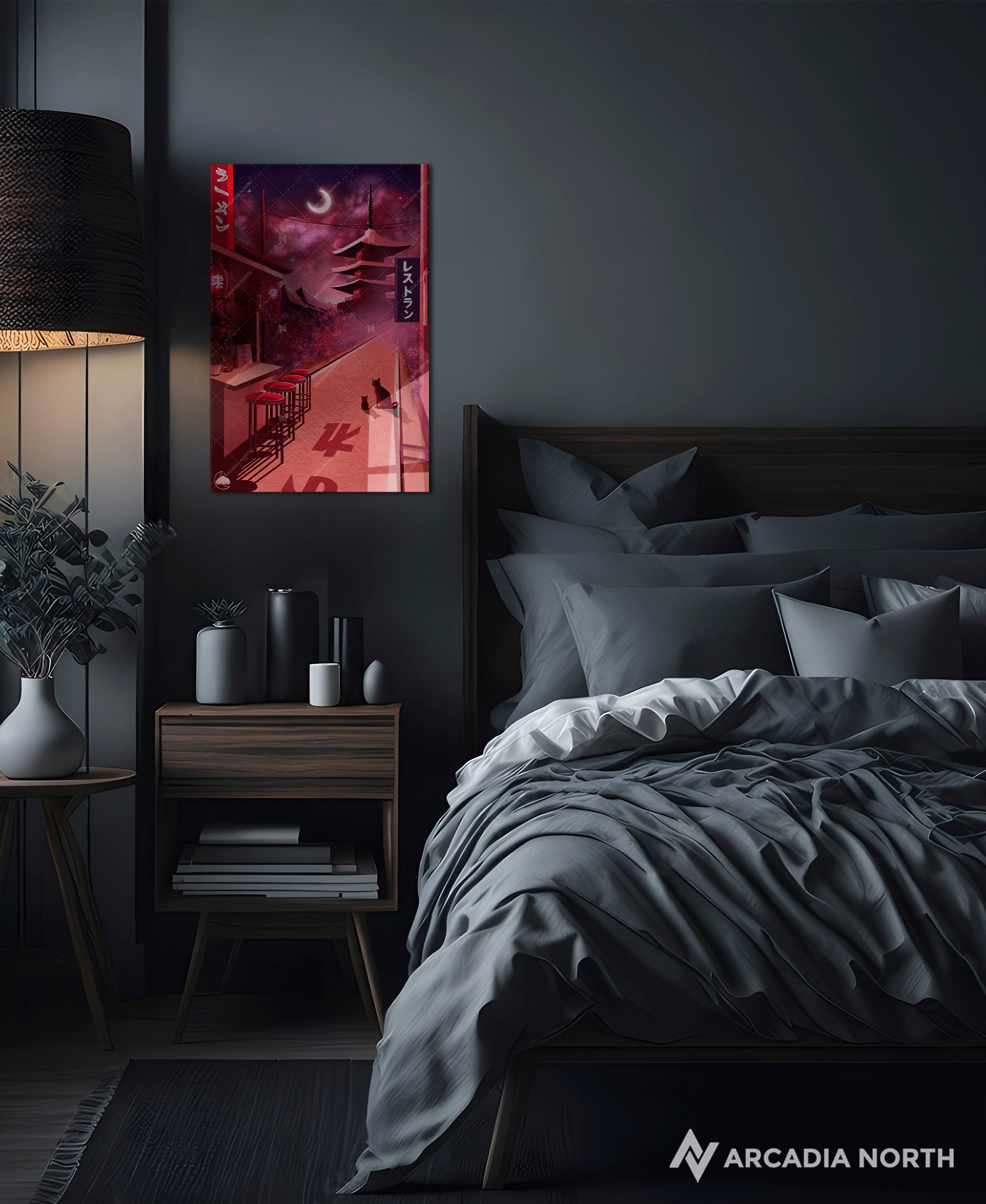 Arcadia North acrylic poster acrylic print. Midnight Ramen by French artist Nebyula. Backlightable acrylic wall art printed on acrylic.