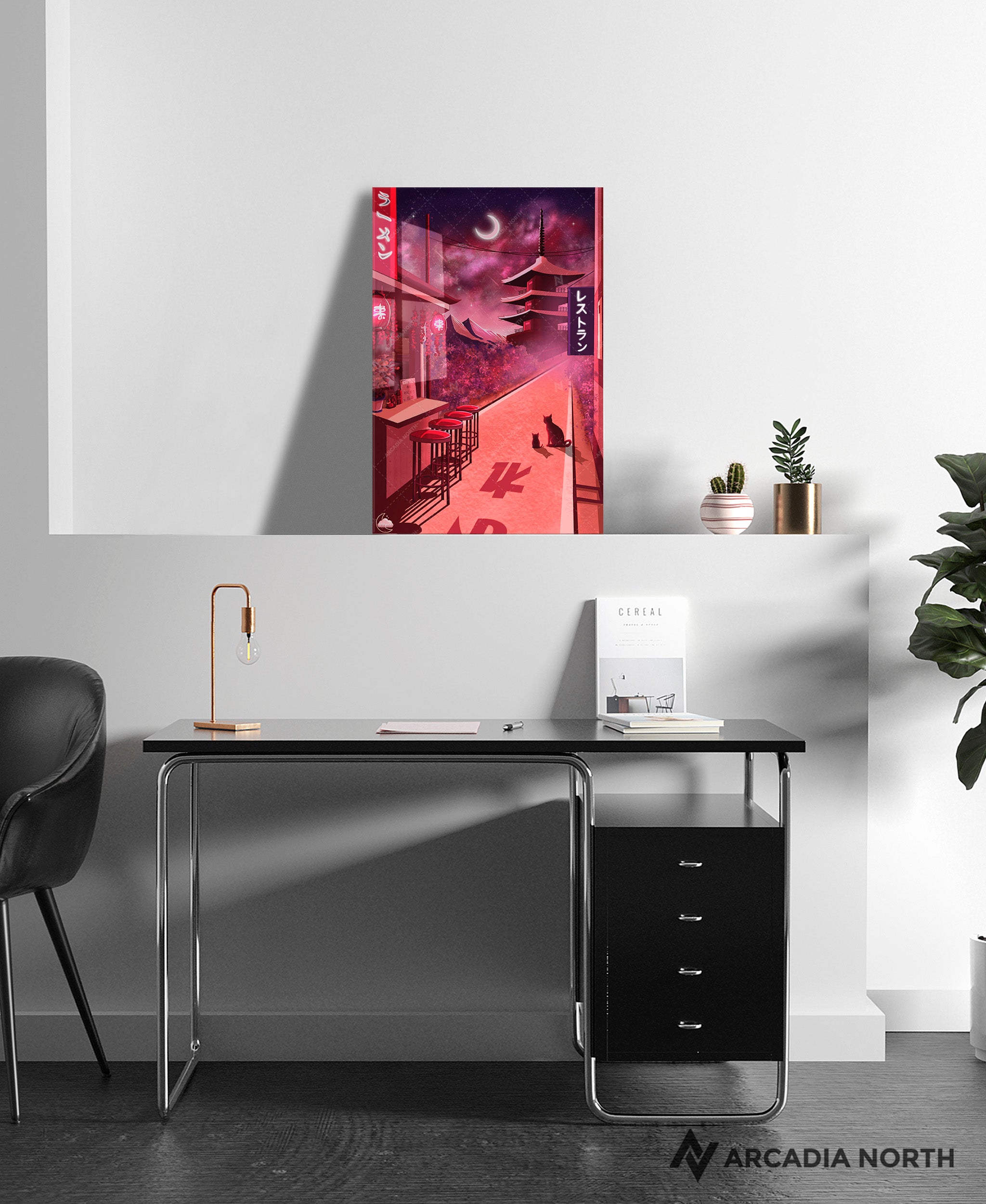 Arcadia North acrylic poster acrylic print. Midnight Ramen by French artist Nebyula. Backlightable acrylic wall art printed on acrylic.