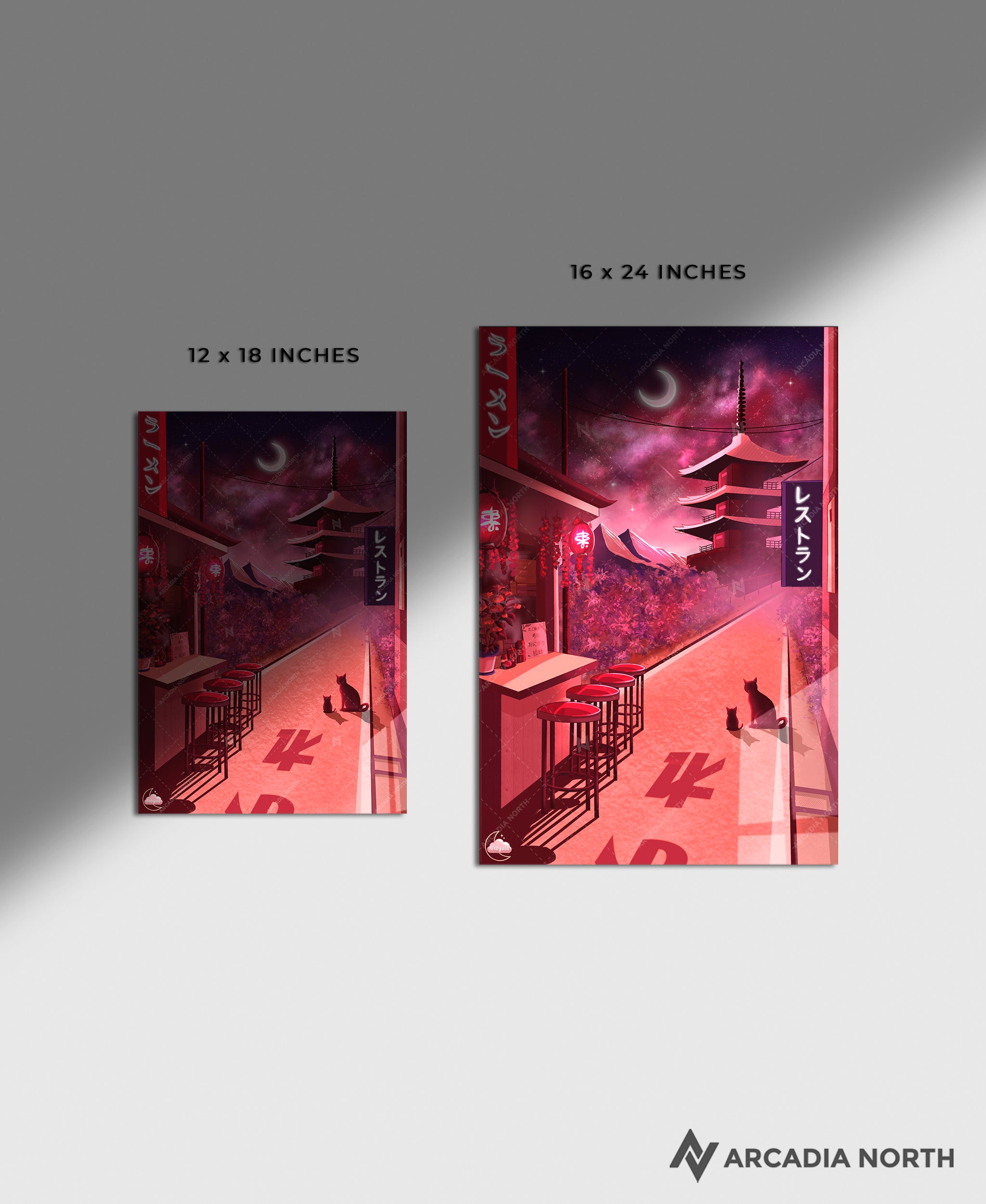 Arcadia North acrylic poster acrylic print. Midnight Ramen by French artist Nebyula. Backlightable acrylic wall art printed on acrylic.