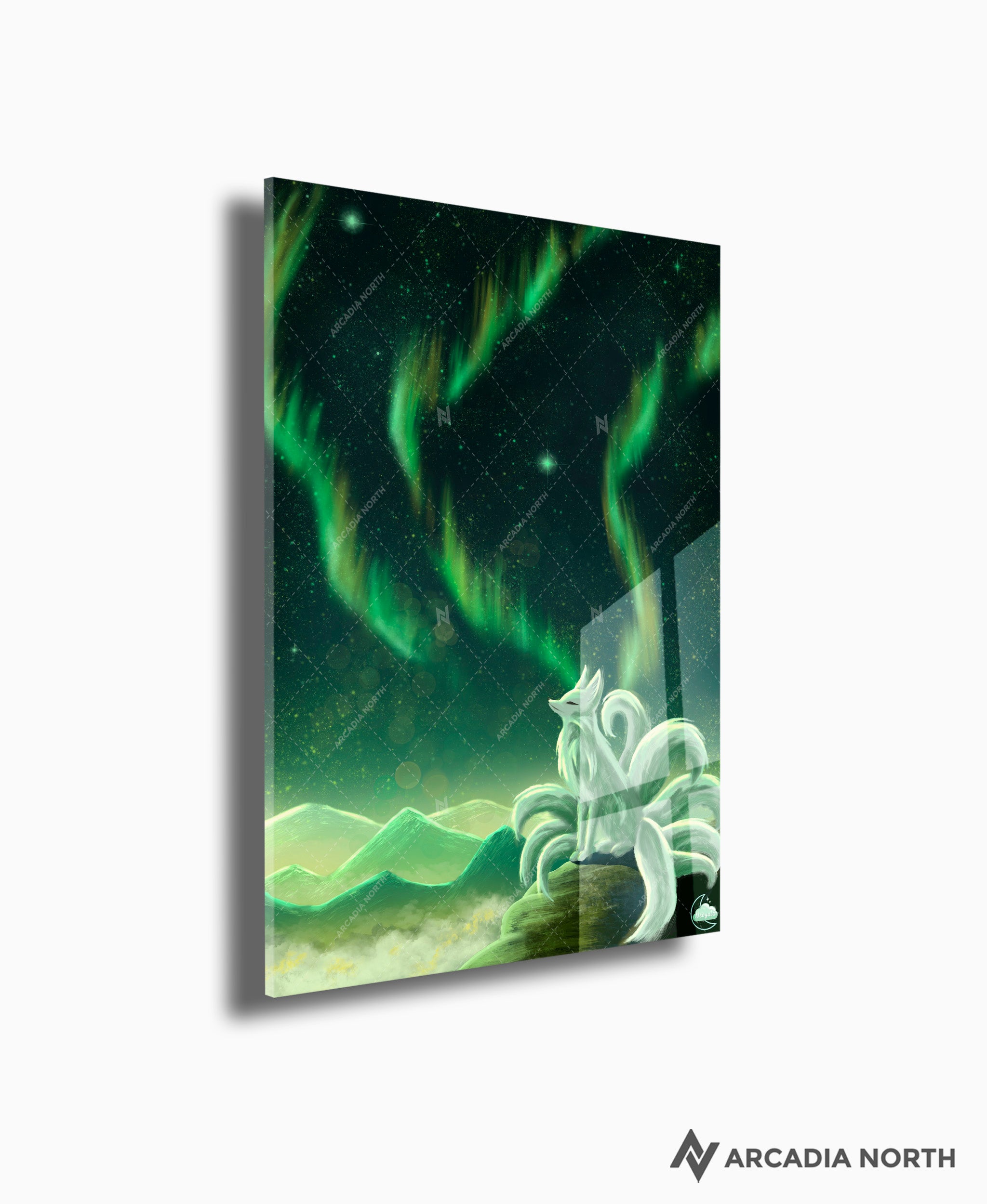 Arcadia North acrylic poster acrylic print. Northern Lights Guardian by French artist Nebyula. Backlightable acrylic wall art printed on acrylic.