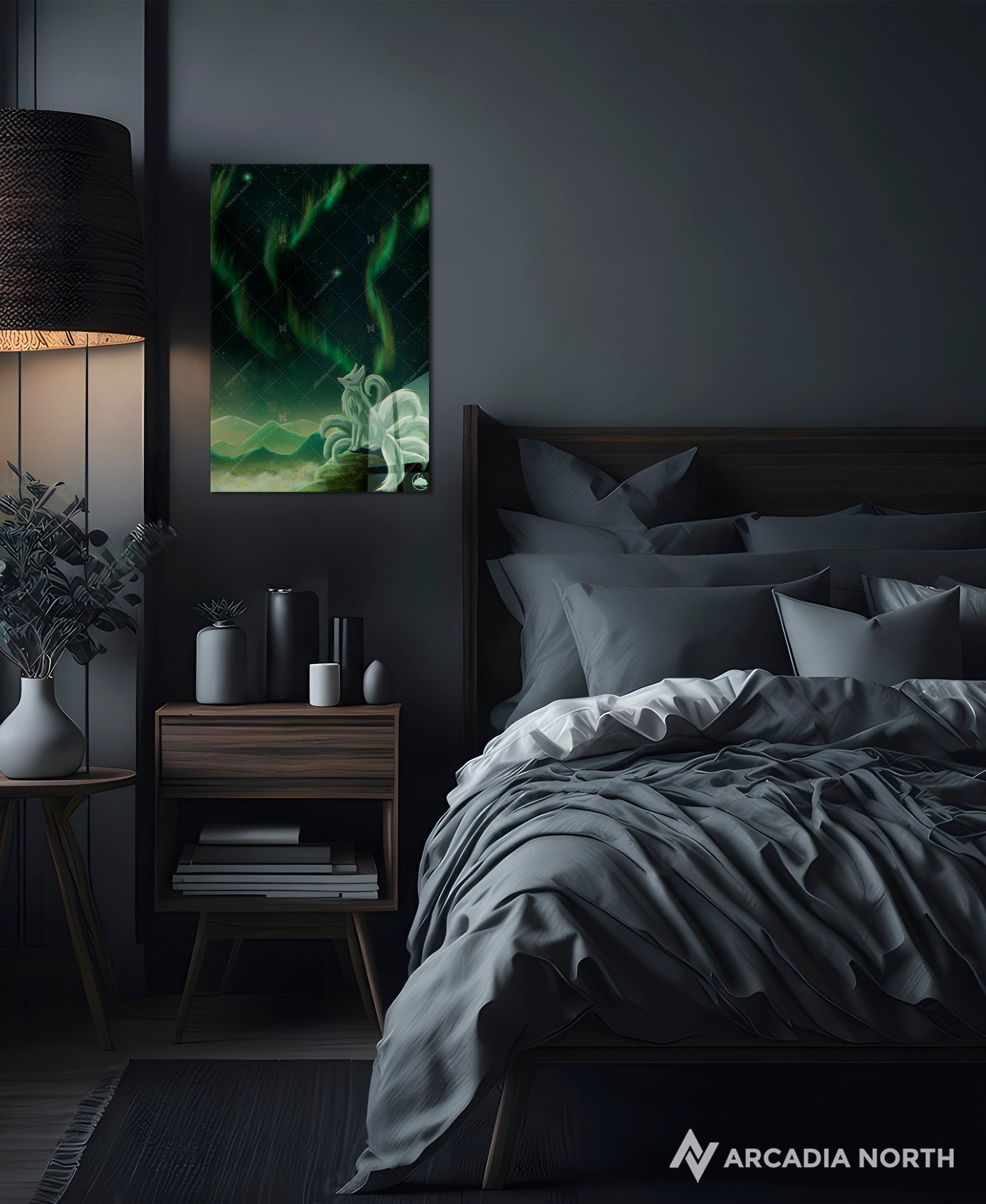 Arcadia North acrylic poster acrylic print. Northern Lights Guardian by French artist Nebyula. Backlightable acrylic wall art printed on acrylic.