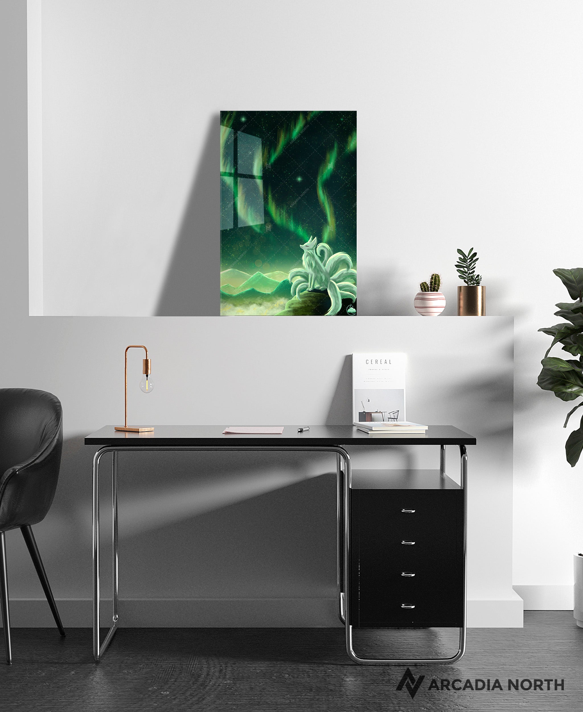 Arcadia North acrylic poster acrylic print. Northern Lights Guardian by French artist Nebyula. Backlightable acrylic wall art printed on acrylic.