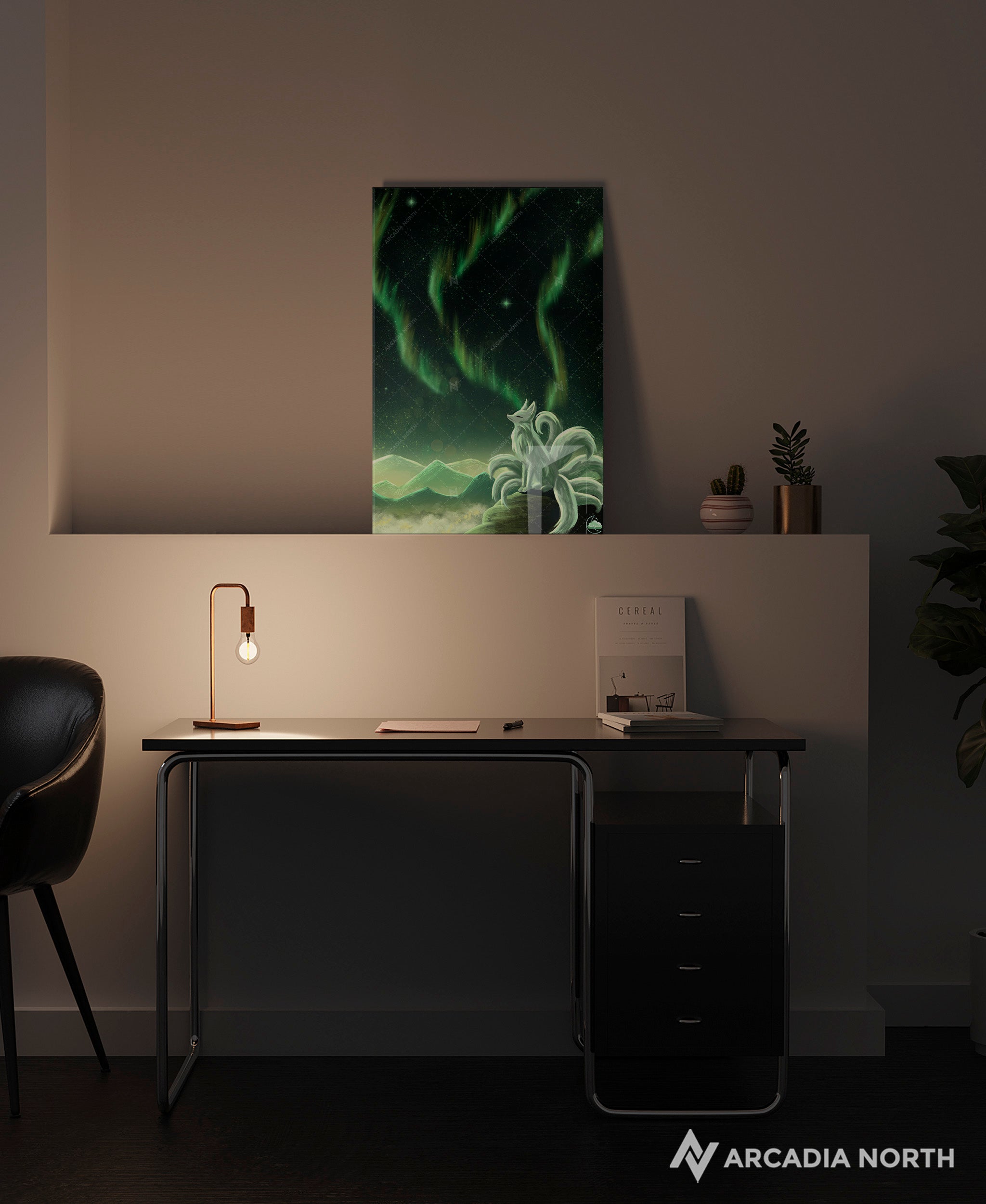 Arcadia North acrylic poster acrylic print. Northern Lights Guardian by French artist Nebyula. Backlightable acrylic wall art printed on acrylic.