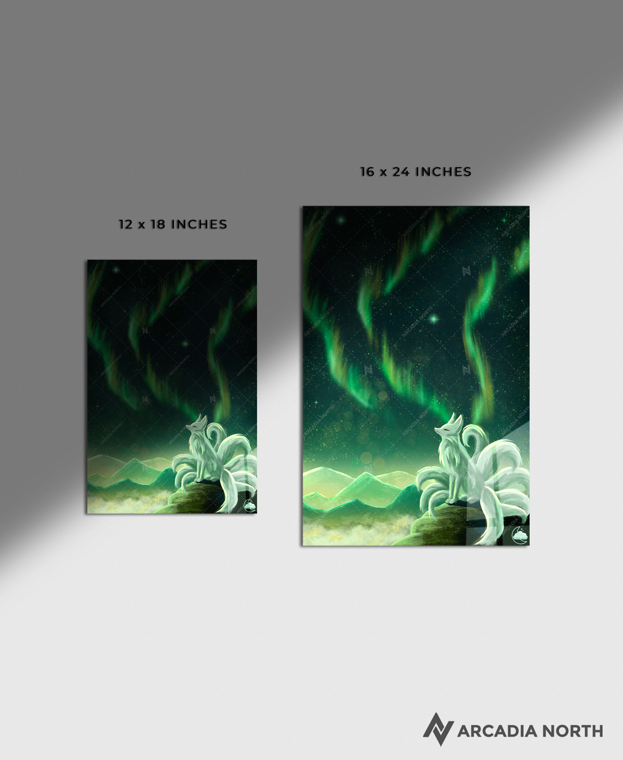 Arcadia North acrylic poster acrylic print. Northern Lights Guardian by French artist Nebyula. Backlightable acrylic wall art printed on acrylic.