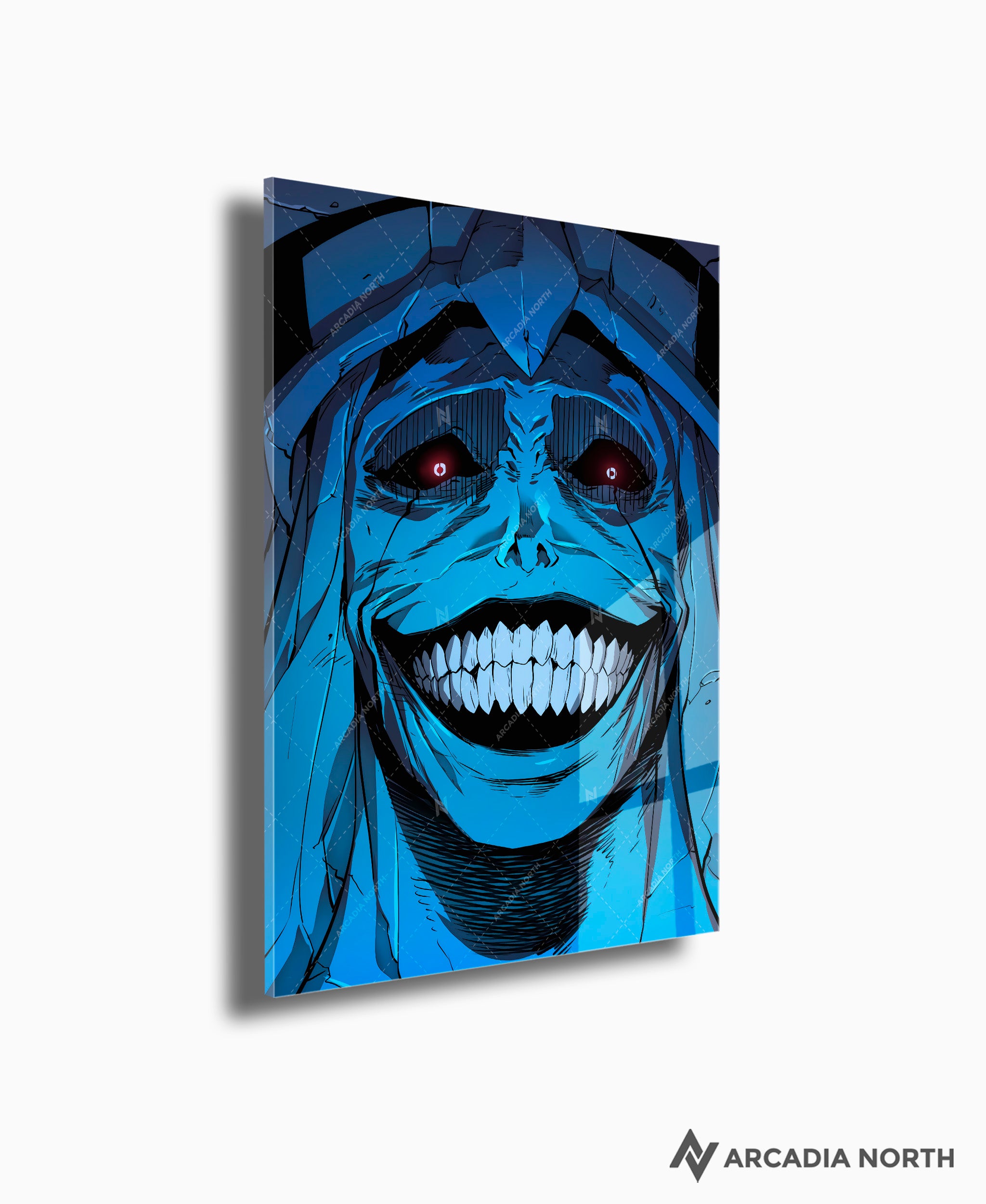 Solo Leveling anime acrylic poster by Arcadia North. Statue of God manga smiling. Acrylic wall art printed on acrylic.