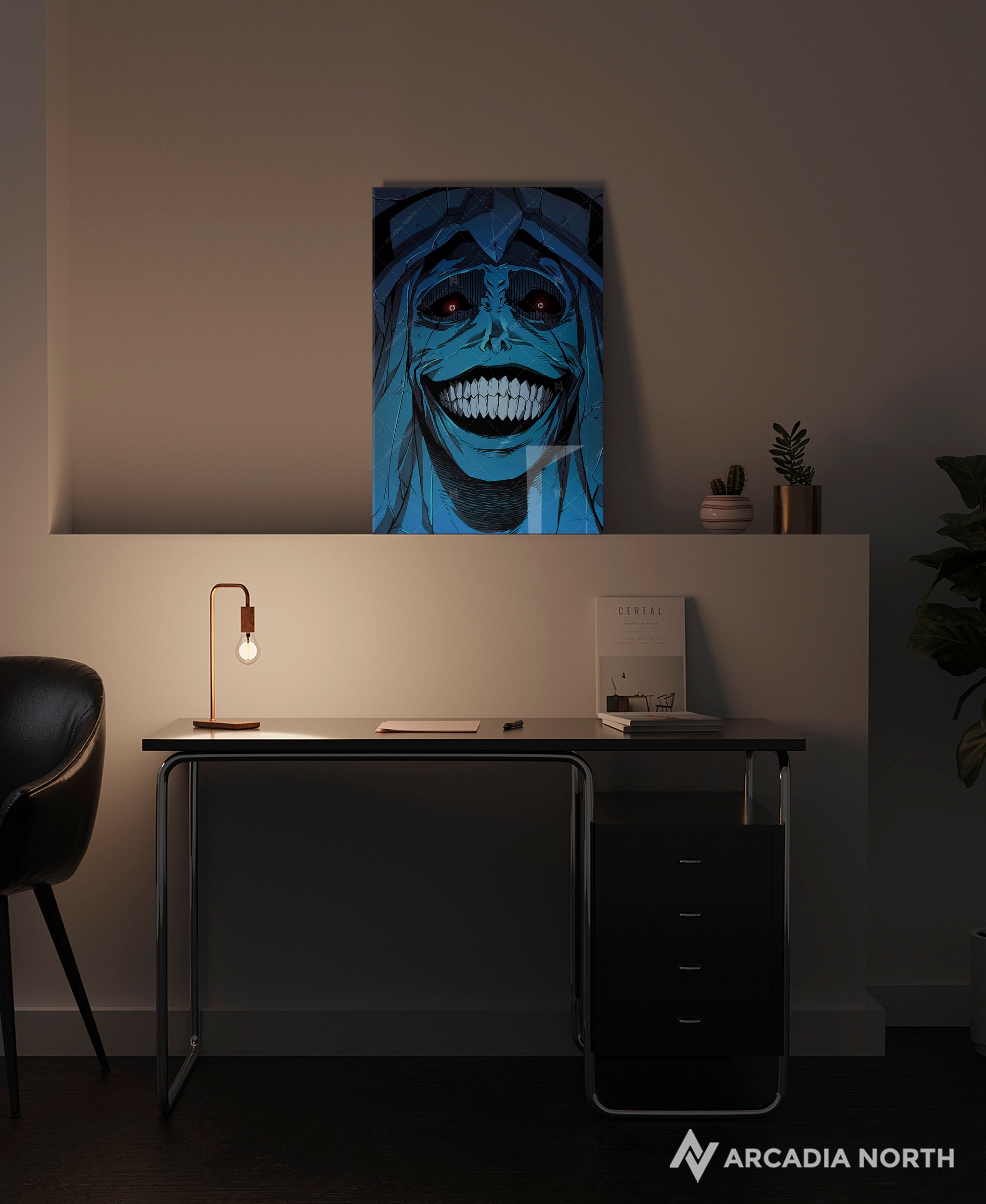 Solo Leveling anime acrylic poster by Arcadia North. Statue of God manga smiling. Acrylic wall art printed on acrylic.