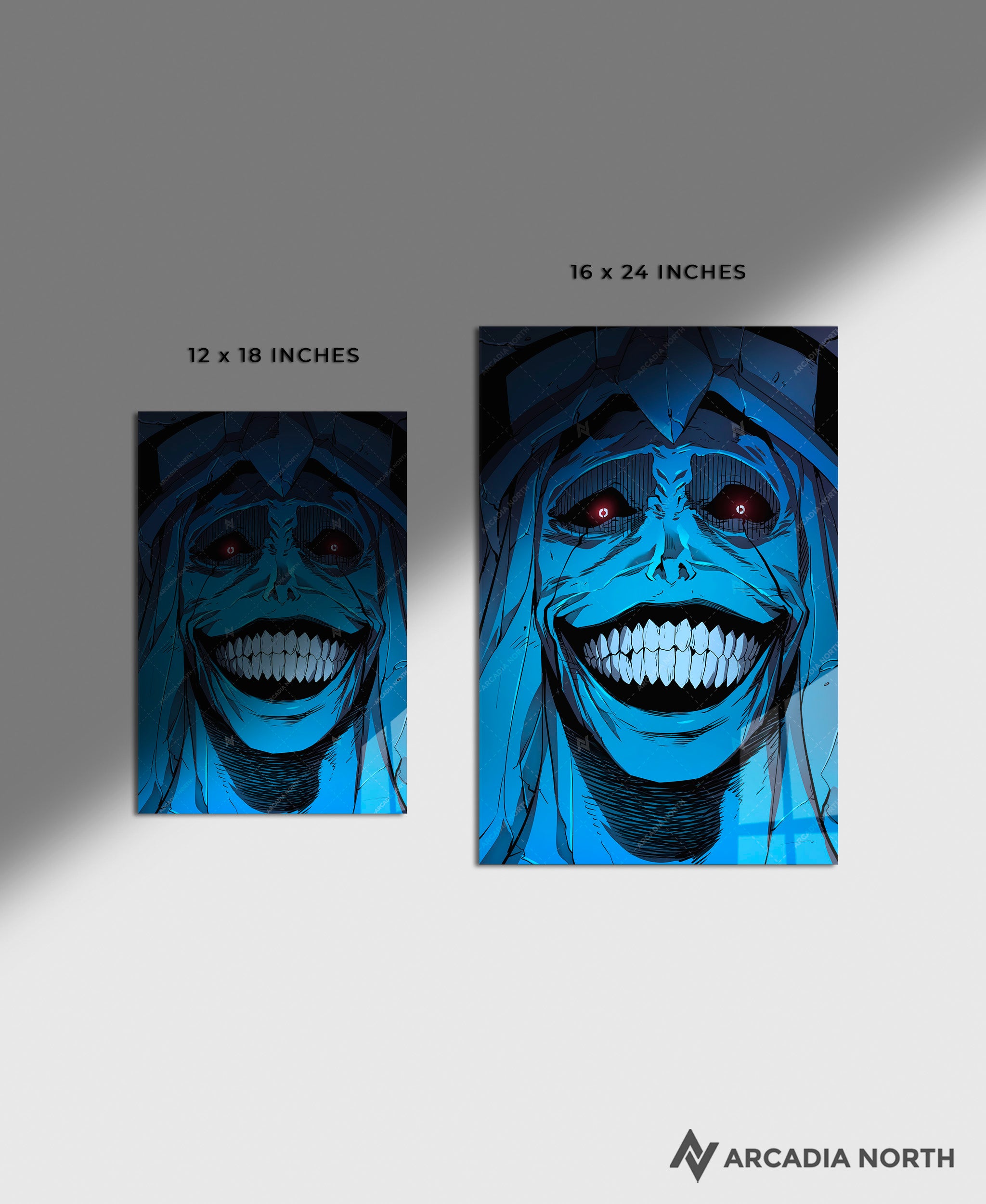 Solo Leveling anime acrylic poster by Arcadia North. Statue of God manga smiling. Acrylic wall art printed on acrylic.