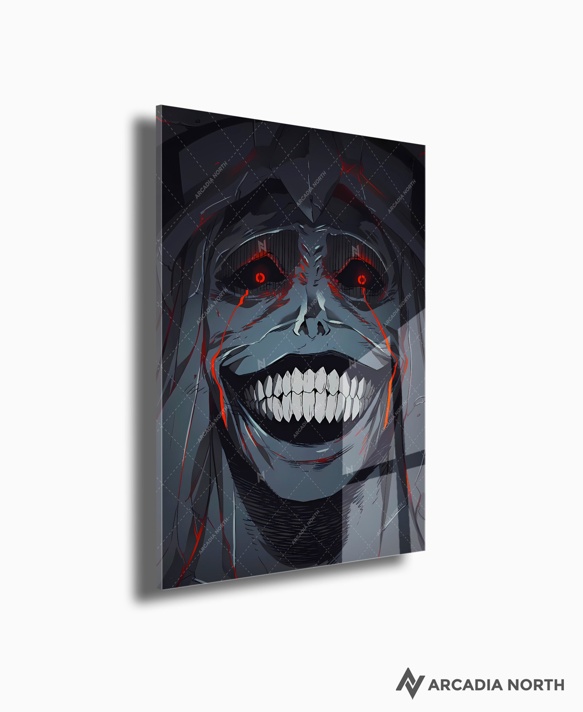 Solo Leveling anime acrylic poster by Arcadia North. Statue of God manga smiling. Acrylic wall art printed on acrylic.