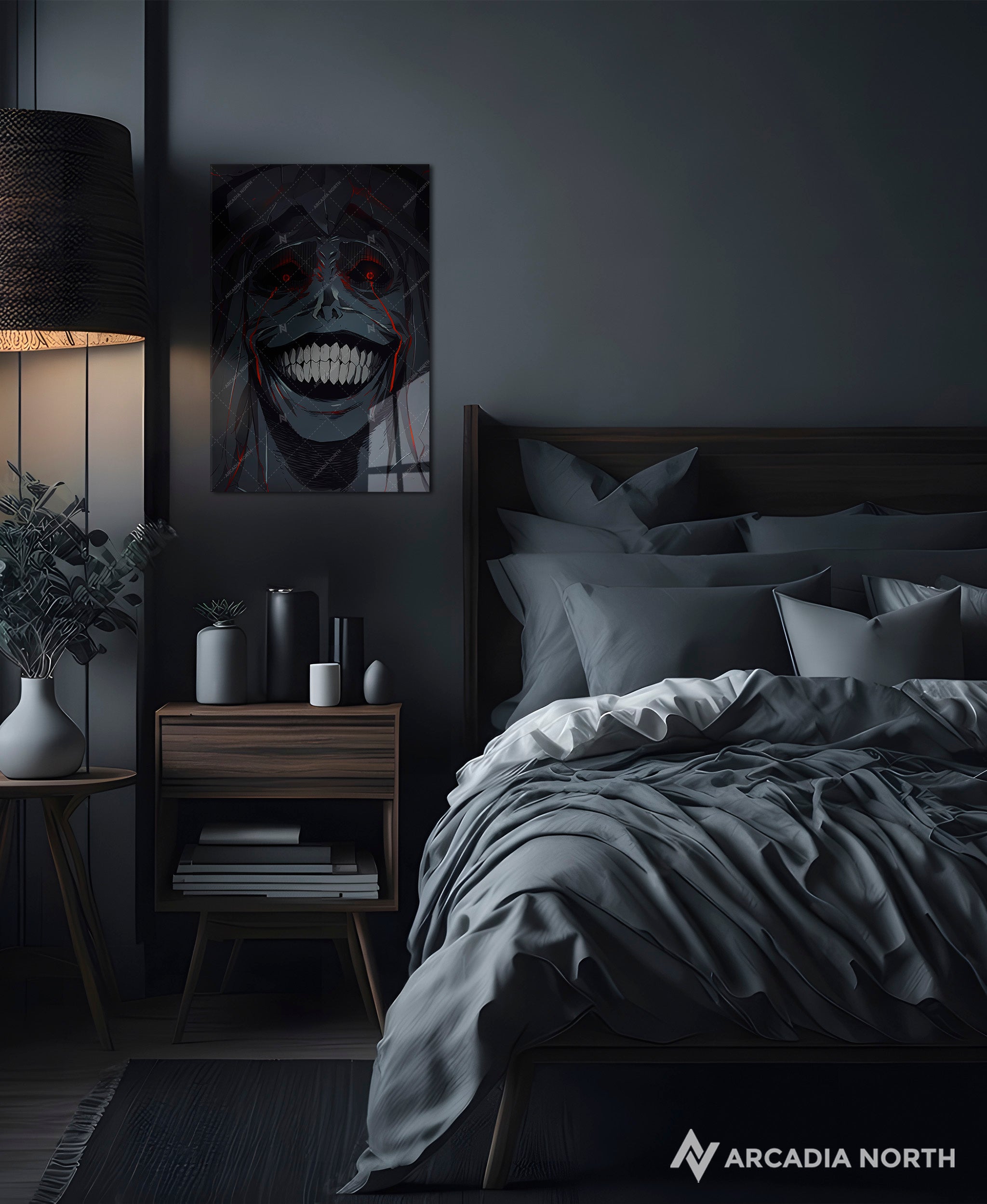 Solo Leveling anime acrylic poster by Arcadia North. Statue of God manga smiling. Acrylic wall art printed on acrylic.