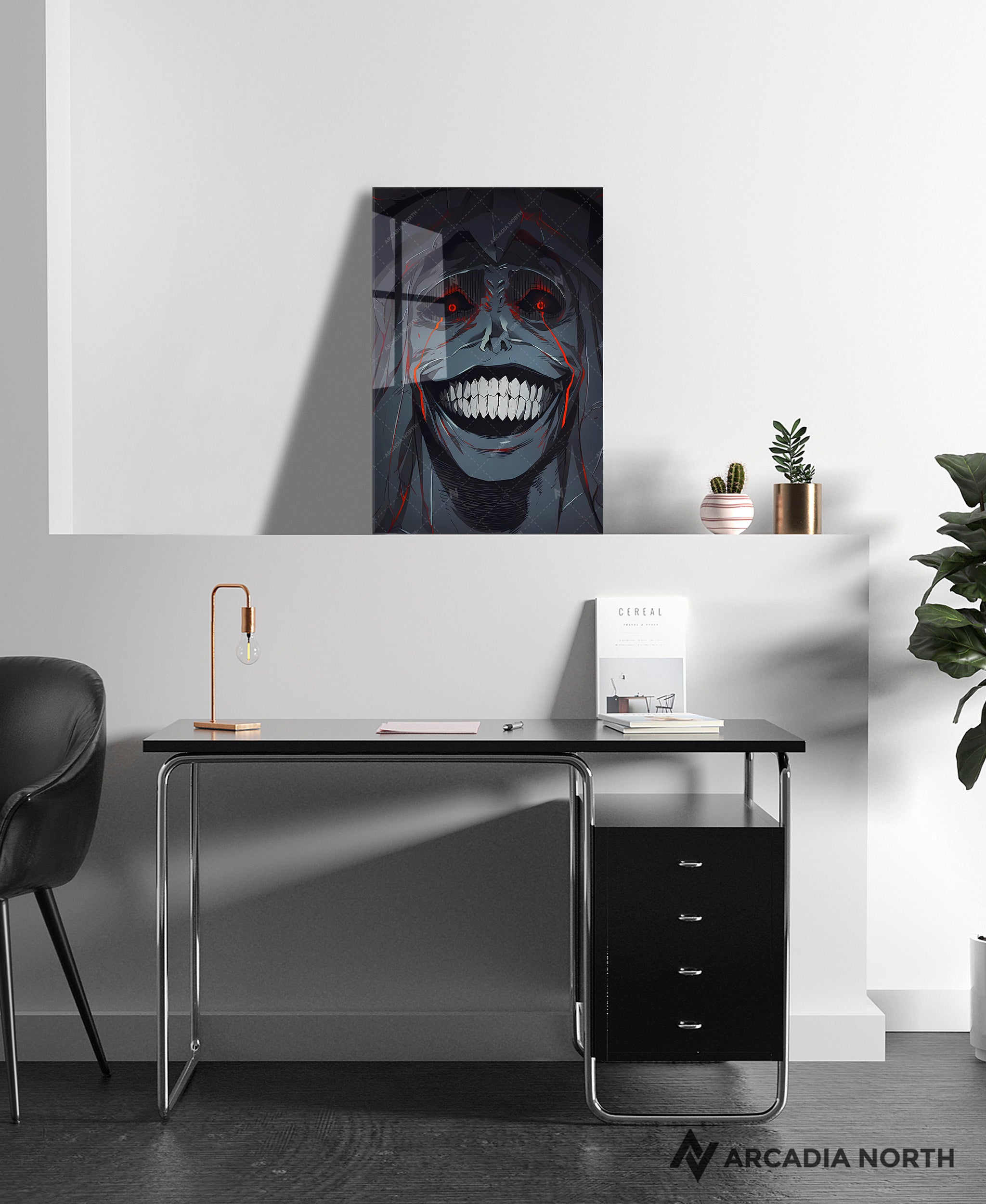Solo Leveling anime acrylic poster by Arcadia North. Statue of God manga smiling. Acrylic wall art printed on acrylic.