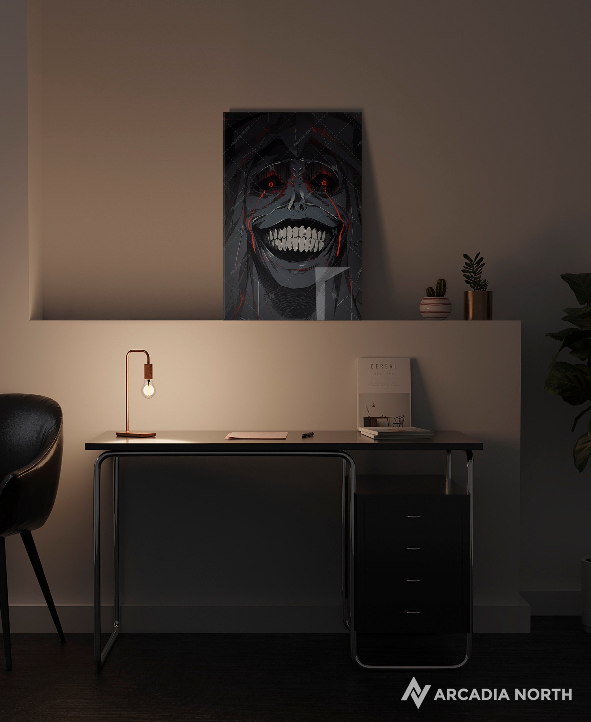 Solo Leveling anime acrylic poster by Arcadia North. Statue of God manga smiling. Acrylic wall art printed on acrylic.