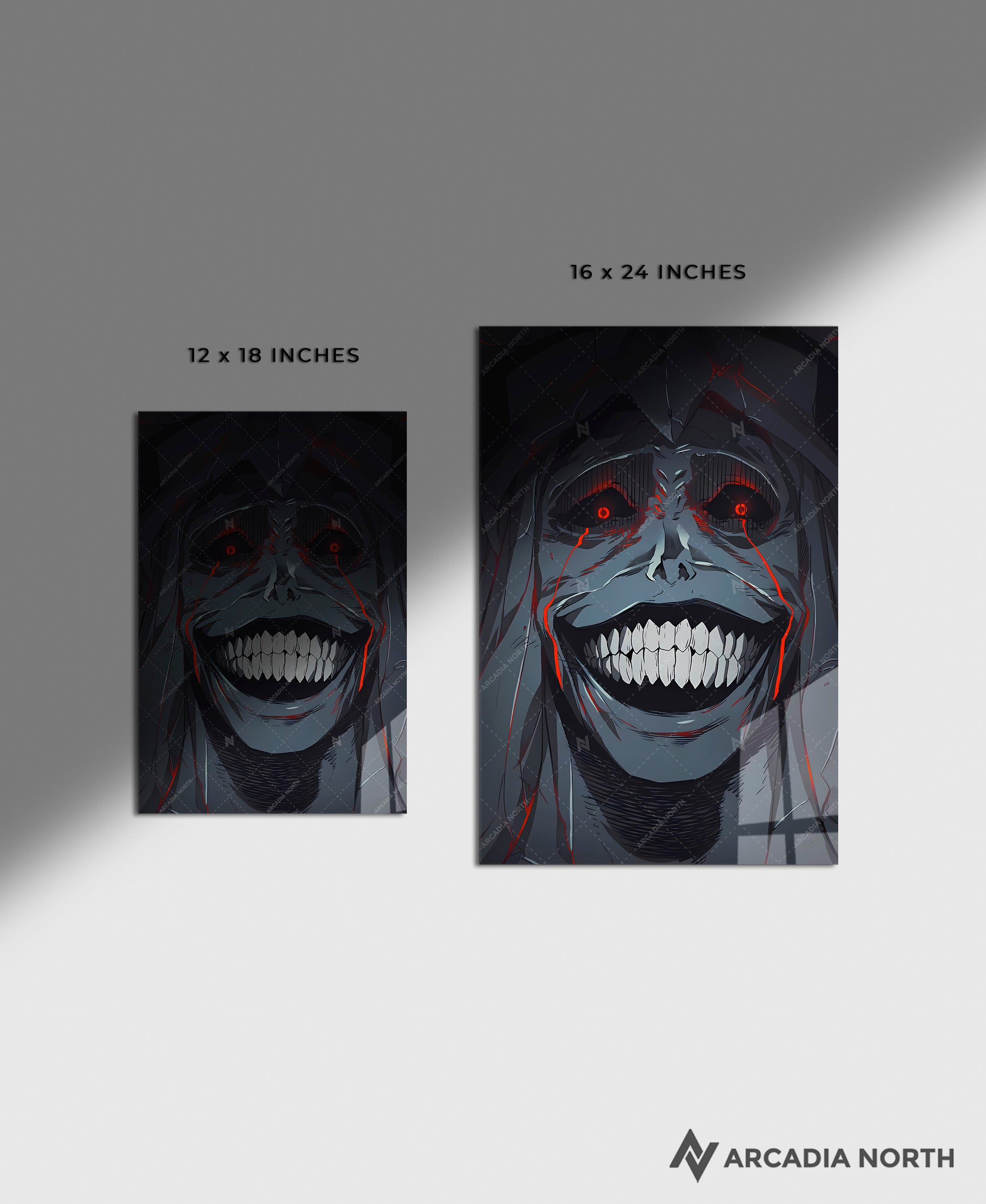 Solo Leveling anime acrylic poster by Arcadia North. Statue of God manga smiling. Acrylic wall art printed on acrylic.