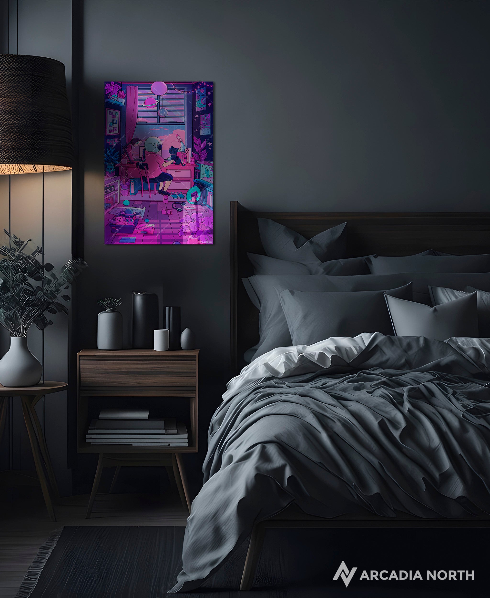 Arcadia North acrylic poster of a vaporwave lofi astronaut and his cat. Together, Dreaming by Torasshuu. Acrylic wall art printed on acrylic.