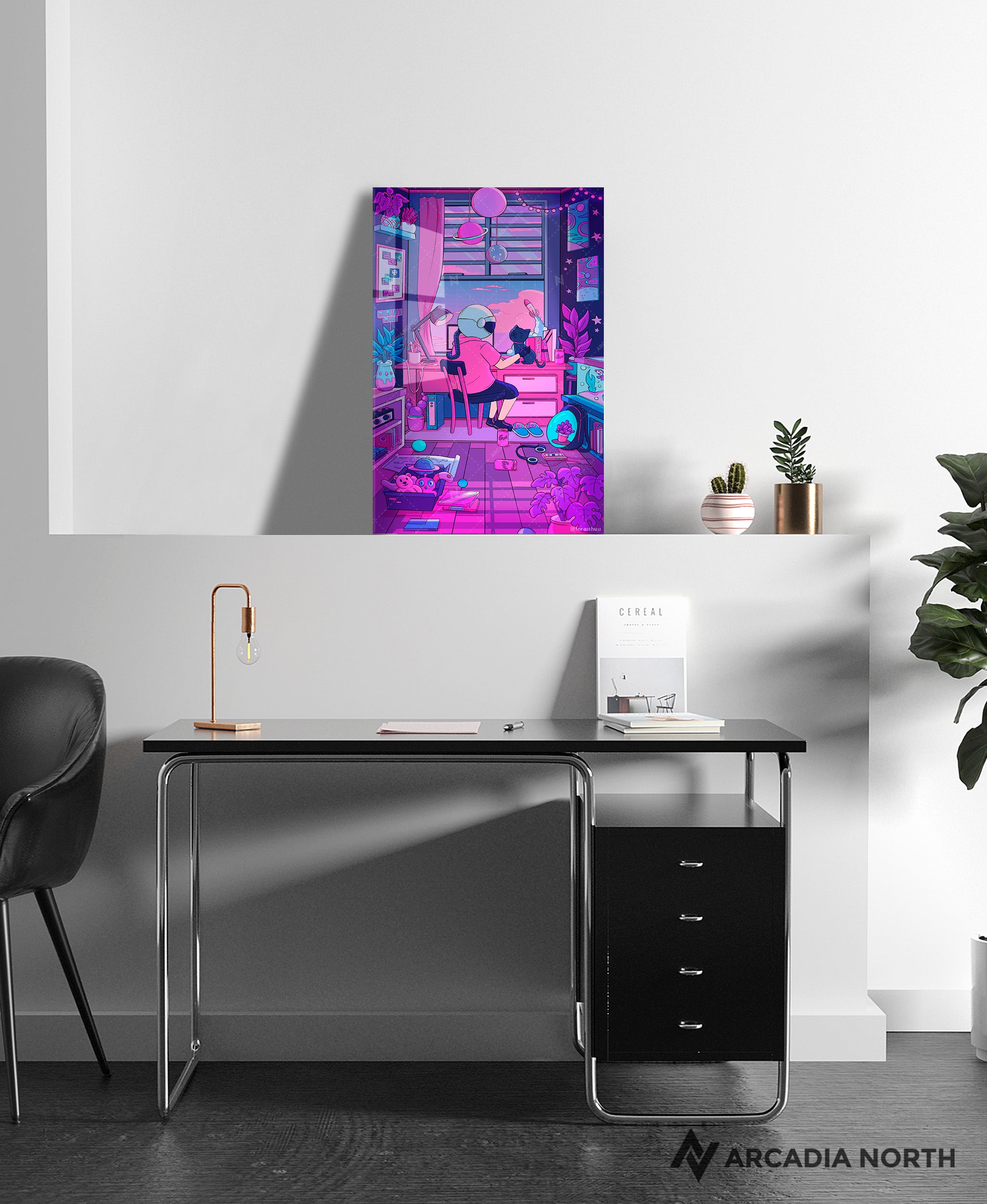 Arcadia North acrylic poster of a vaporwave lofi astronaut and his cat. Together, Dreaming by Torasshuu. Acrylic wall art printed on acrylic.