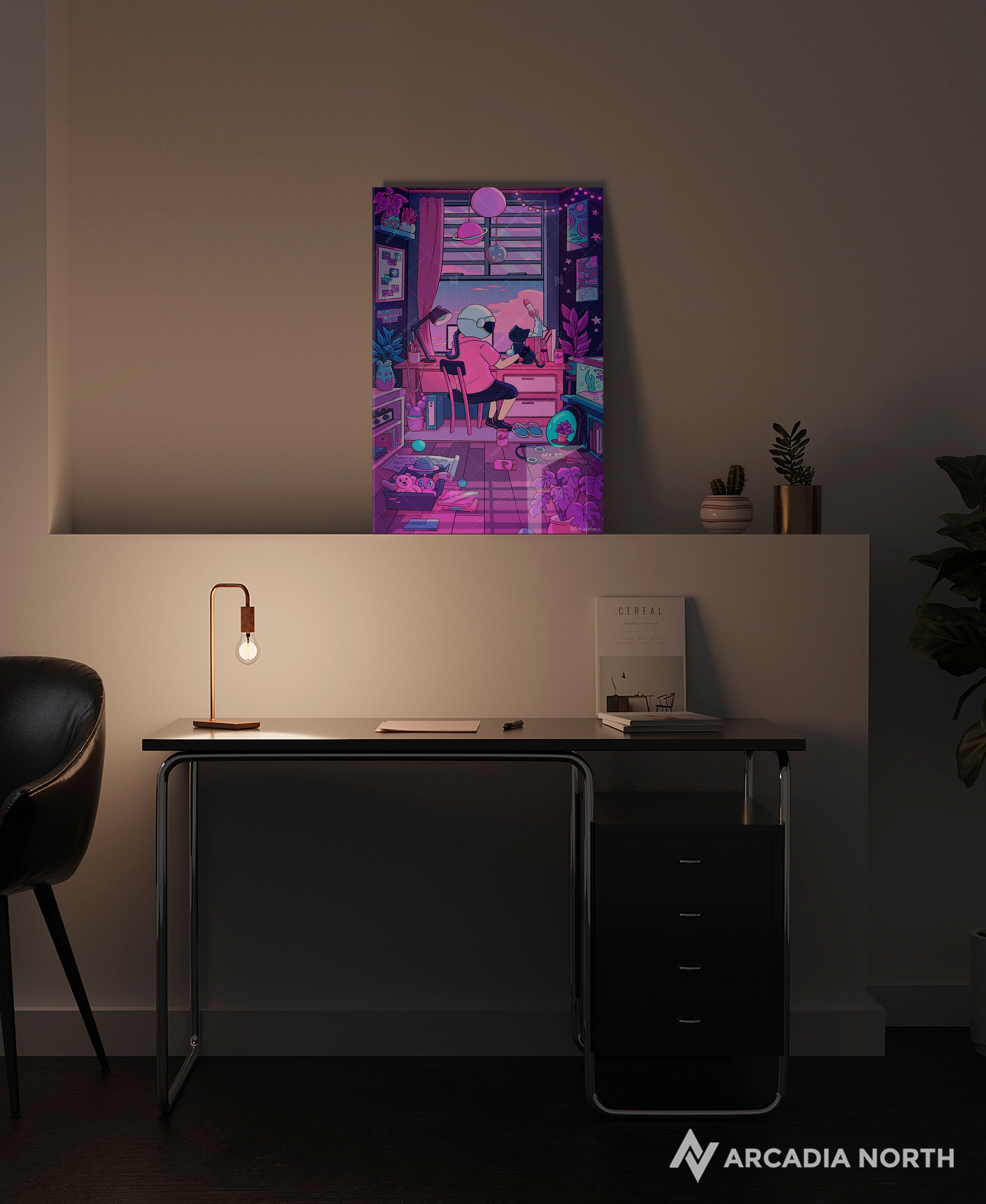 Arcadia North acrylic poster of a vaporwave lofi astronaut and his cat. Together, Dreaming by Torasshuu. Acrylic wall art printed on acrylic.