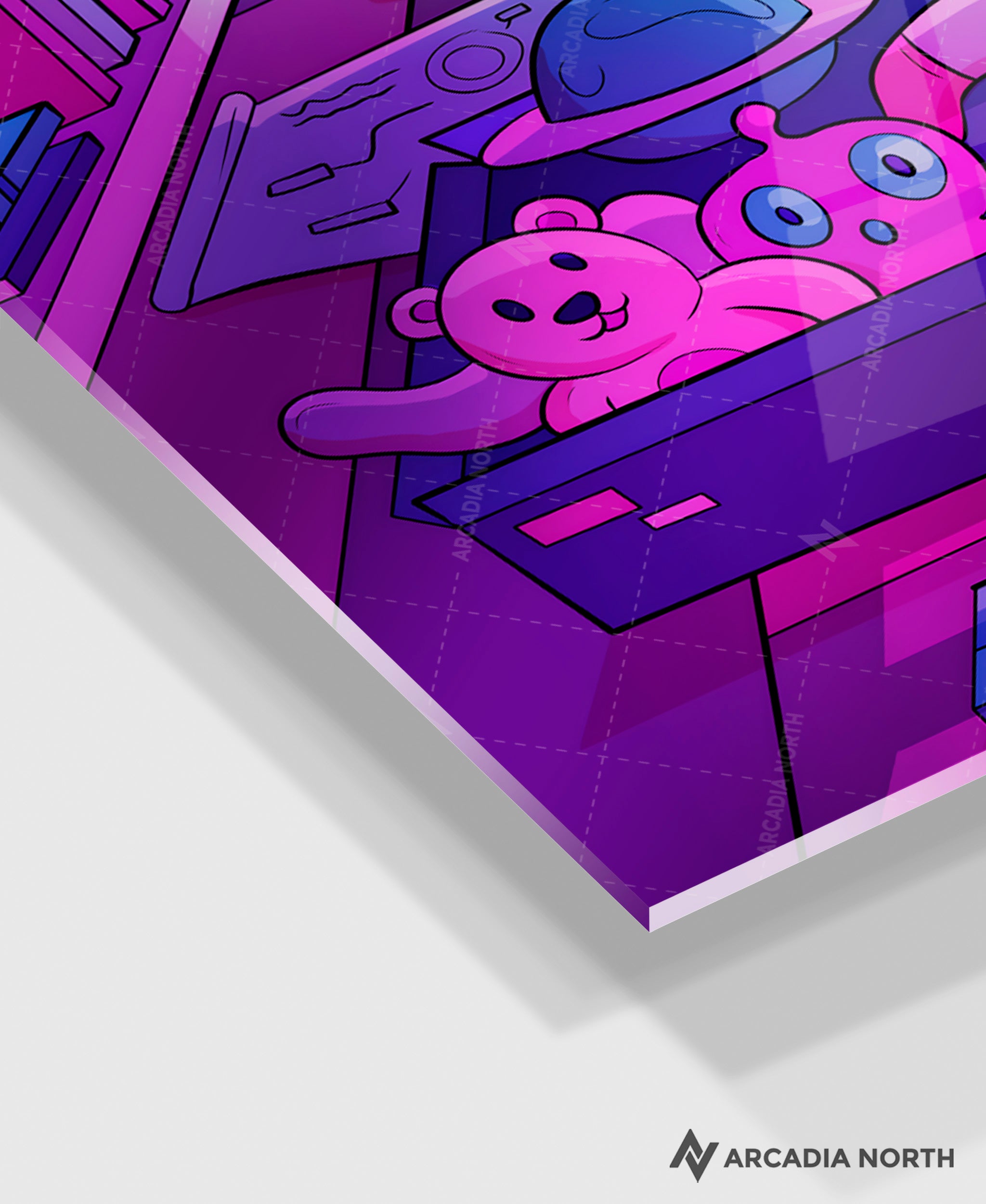 Arcadia North acrylic poster of a vaporwave lofi astronaut and his cat. Together, Dreaming by Torasshuu. Acrylic wall art printed on acrylic.