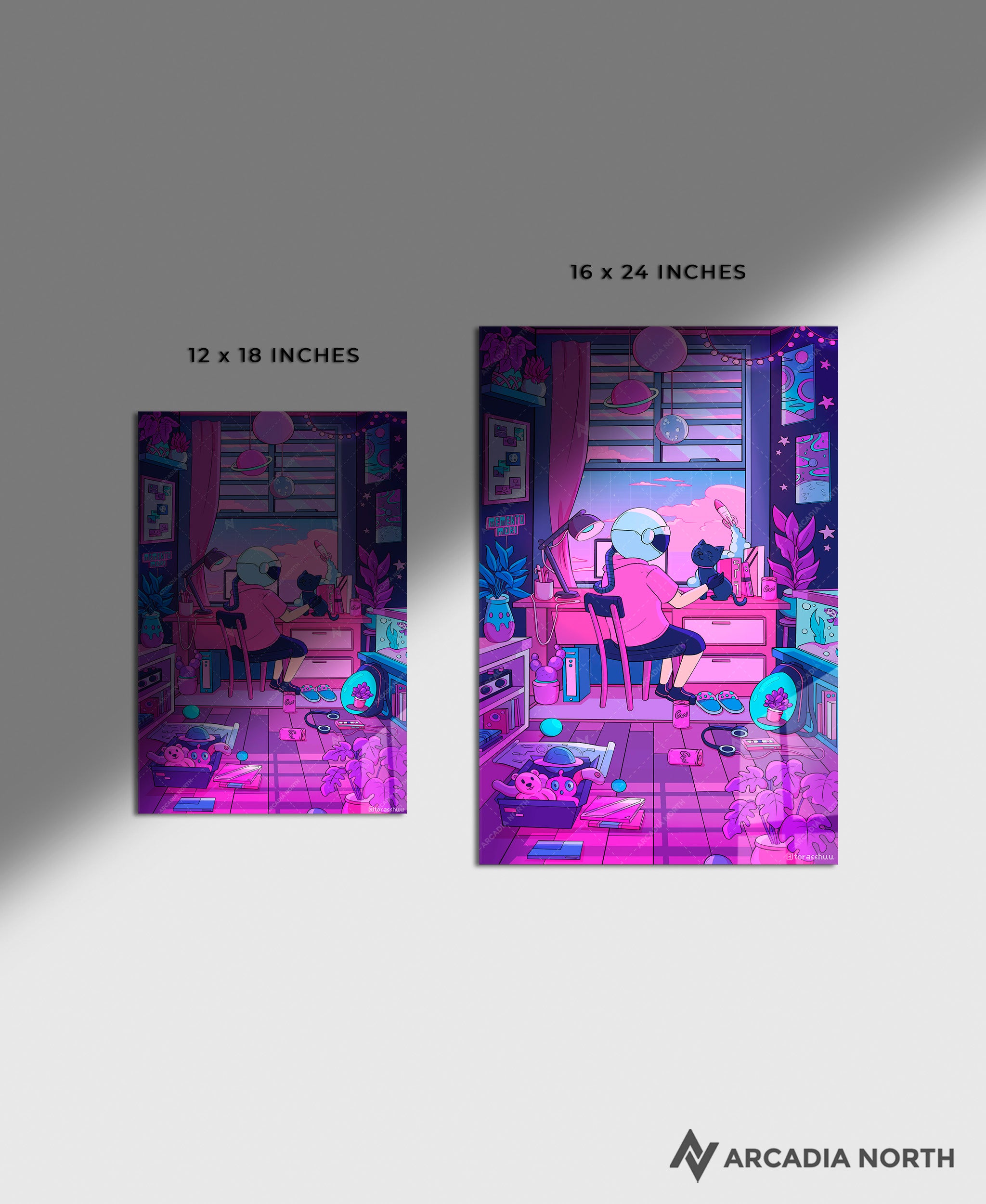 Arcadia North acrylic poster of a vaporwave lofi astronaut and his cat. Together, Dreaming by Torasshuu. Acrylic wall art printed on acrylic.