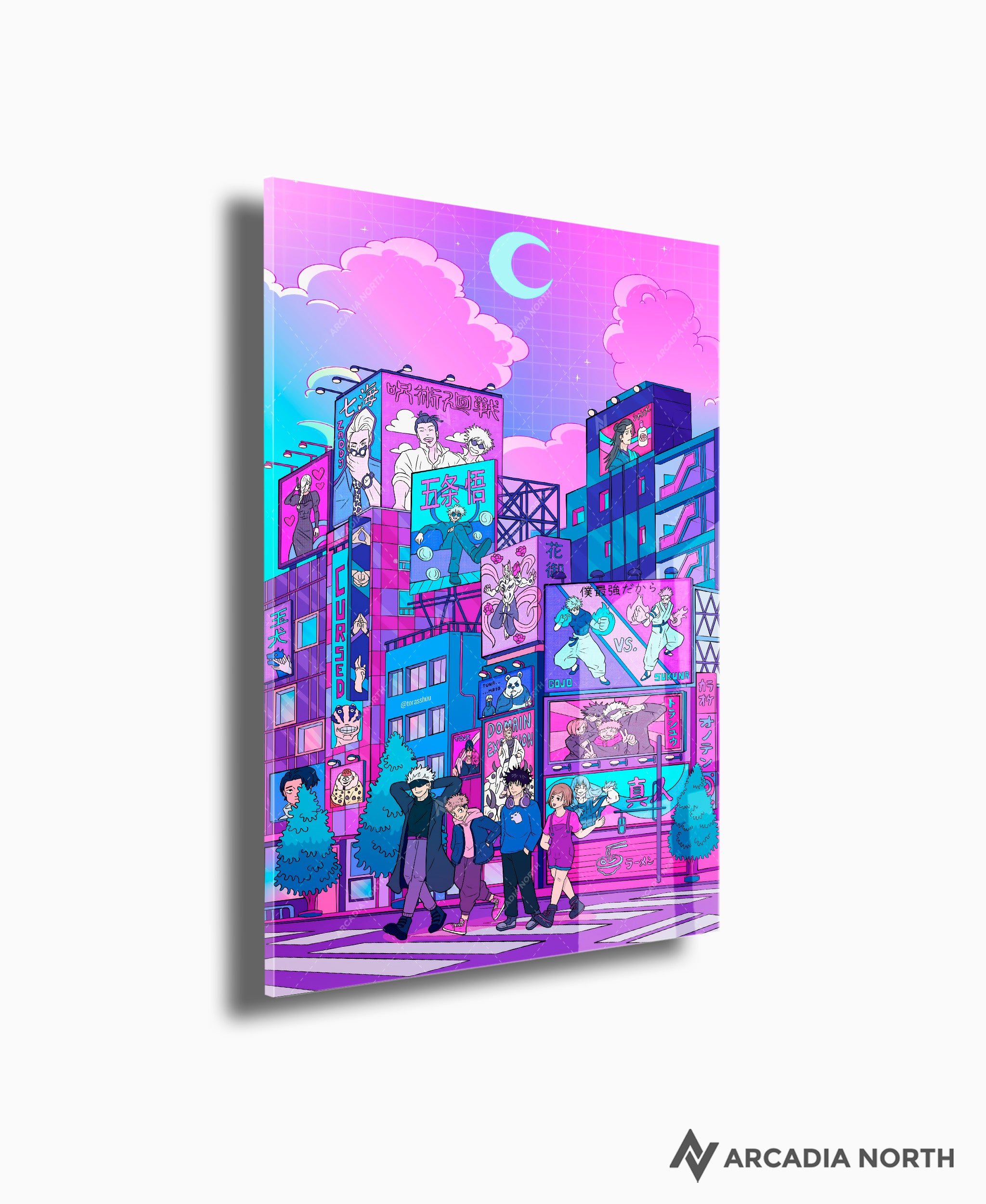 Jujutsu Kaisen anime acrylic poster by Arcadia North. Gojo Satoru, Yuji, Megumi, and Nobara in Shibuya in lofi retrowave style. Artist Torasshuu. Acrylic wall art printed on acrylic.