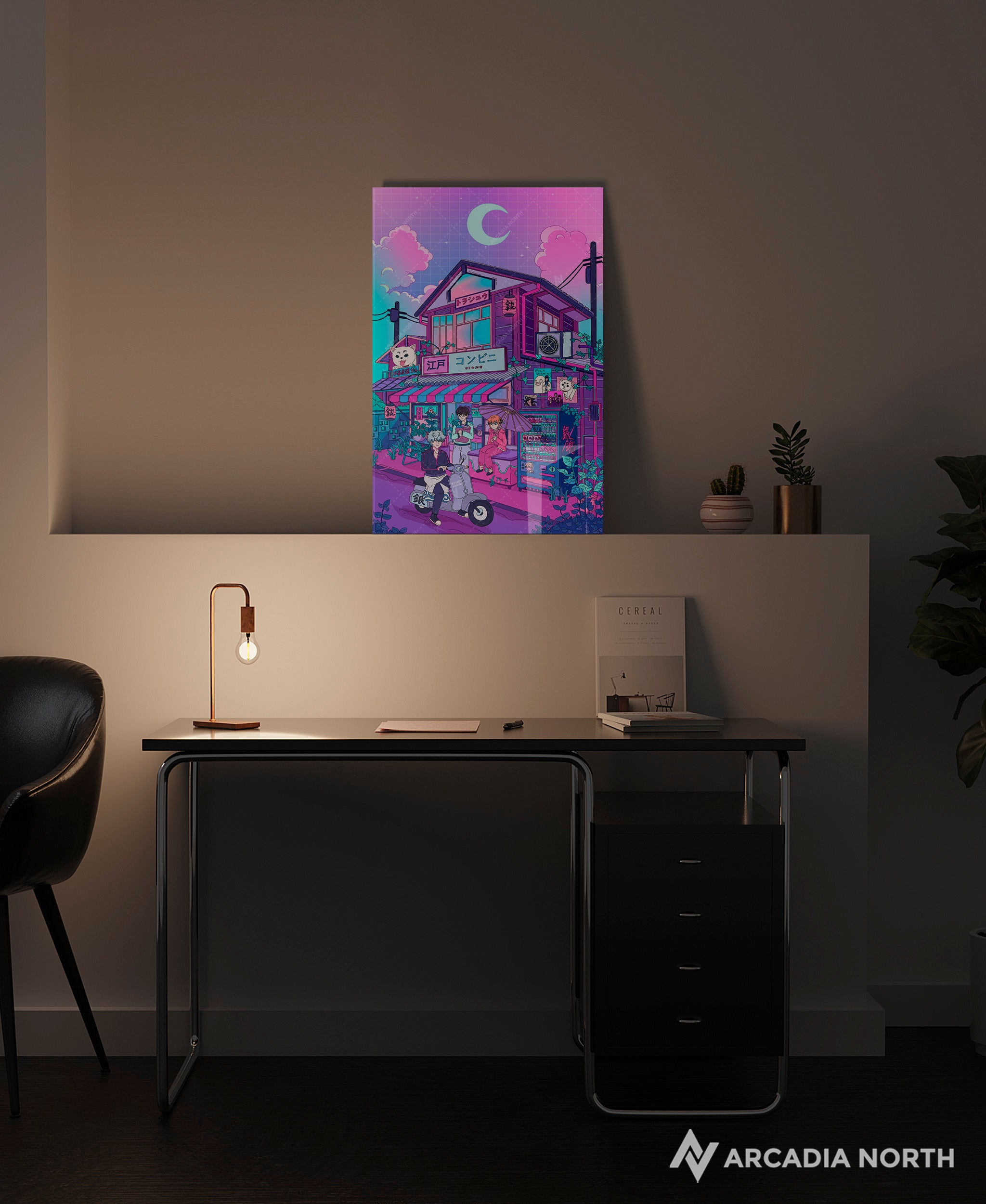 Gintama anime acrylic poster by Arcadia North. Yorozuya Gin-chan members Sakata Gintoki, Shimura Shinpachi, Kagura, and Sadaharu in lofi retrowave style. Artist Torasshuu. Acrylic wall art printed on acrylic.