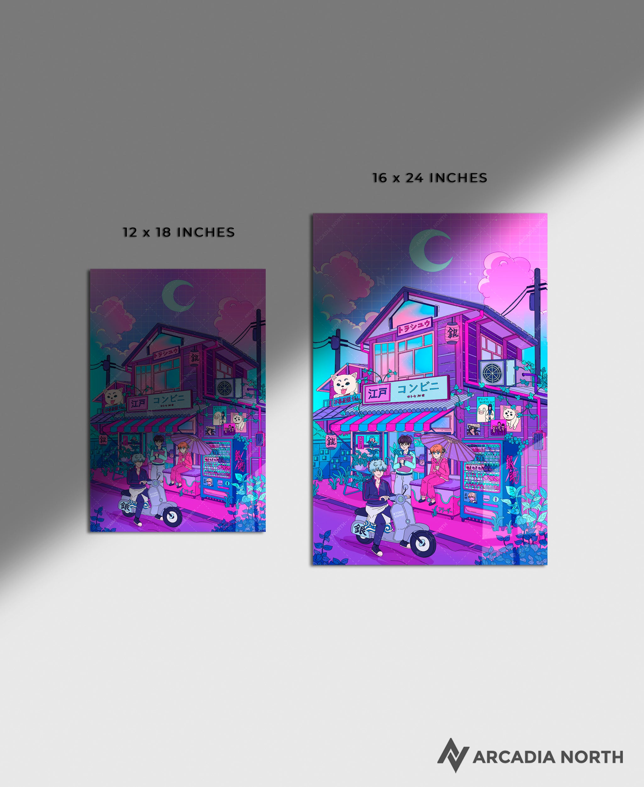 Gintama anime acrylic poster by Arcadia North. Yorozuya Gin-chan members Sakata Gintoki, Shimura Shinpachi, Kagura, and Sadaharu in lofi retrowave style. Artist Torasshuu. Acrylic wall art printed on acrylic.