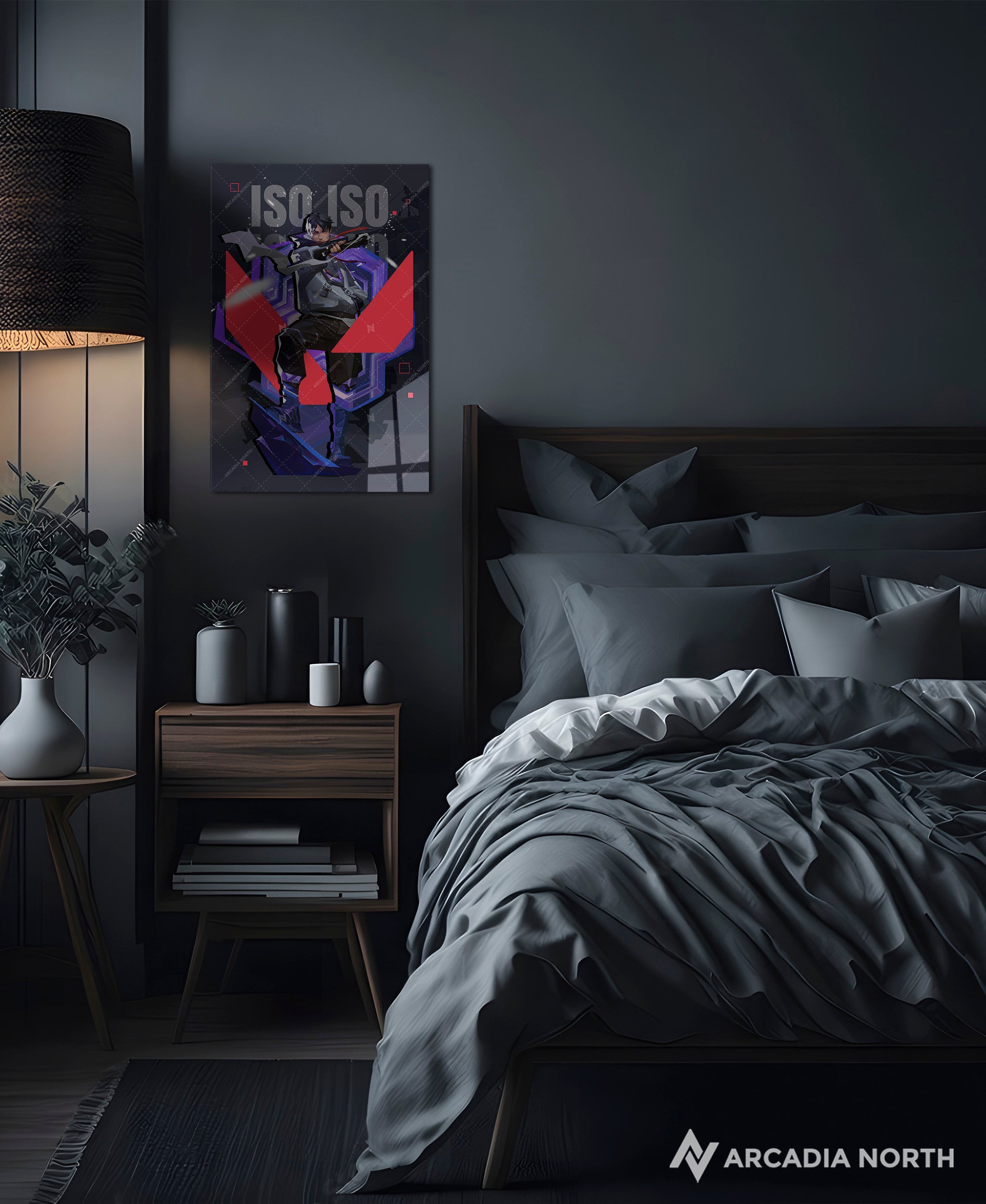 Valorant gaming acrylic poster by Arcadia North. Iso agent wallpaper on dark/black background. Acrylic wall art printed on acrylic.