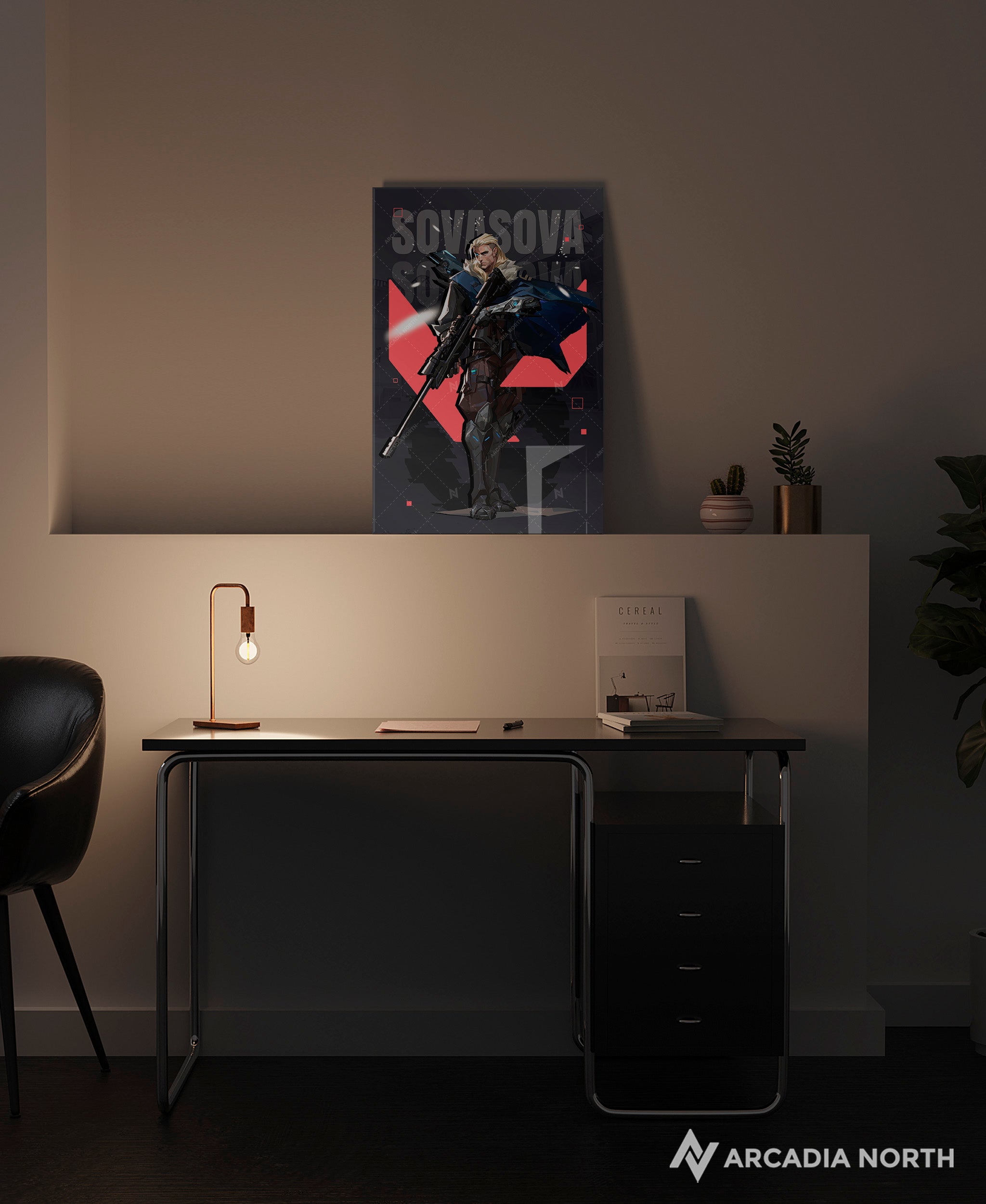 Valorant gaming acrylic poster by Arcadia North. Sova agent wallpaper on dark/black background. Acrylic wall art printed on acrylic.