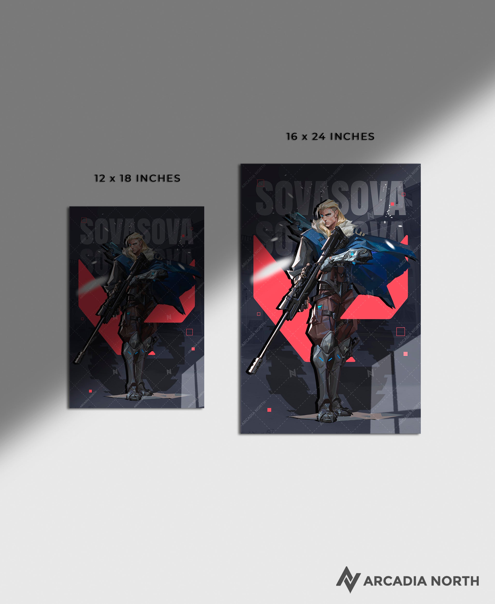Valorant gaming acrylic poster by Arcadia North. Sova agent wallpaper on dark/black background. Acrylic wall art printed on acrylic.