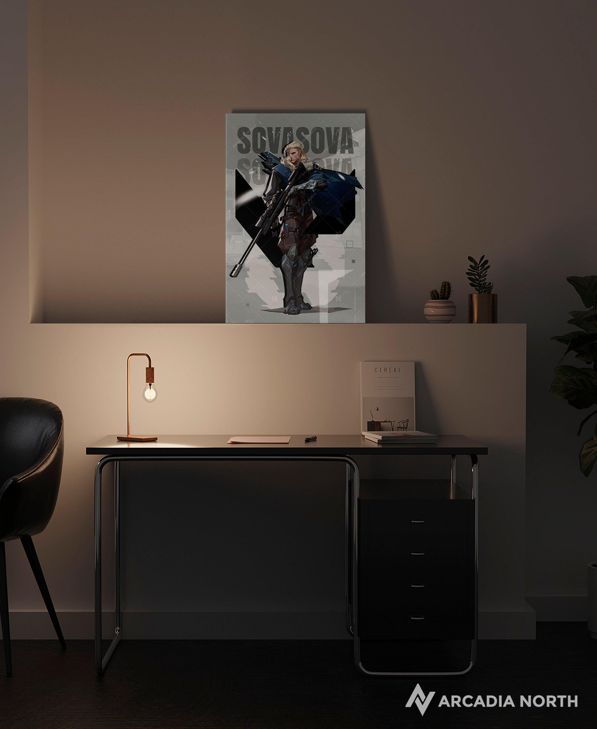 Valorant gaming acrylic poster by Arcadia North. Sova agent wallpaper on light/white background. Acrylic wall art printed on acrylic.