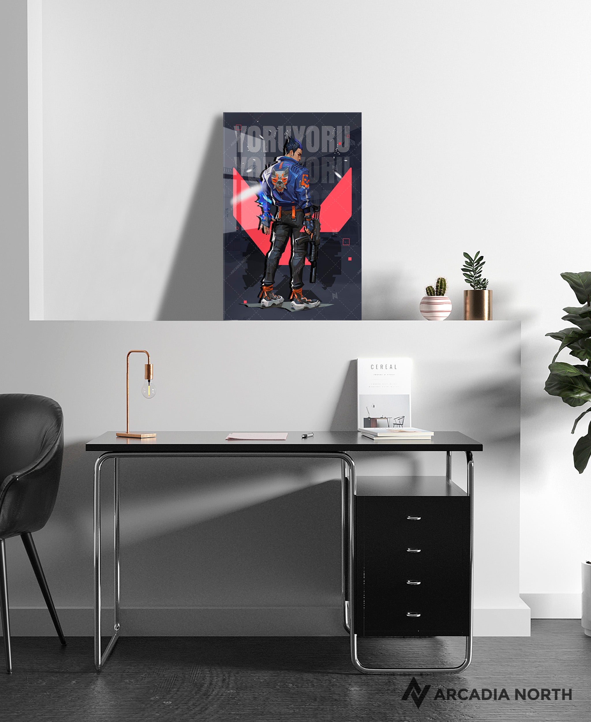 Valorant gaming acrylic poster by Arcadia North. Yoru agent wallpaper on dark/black background. Acrylic wall art printed on acrylic.