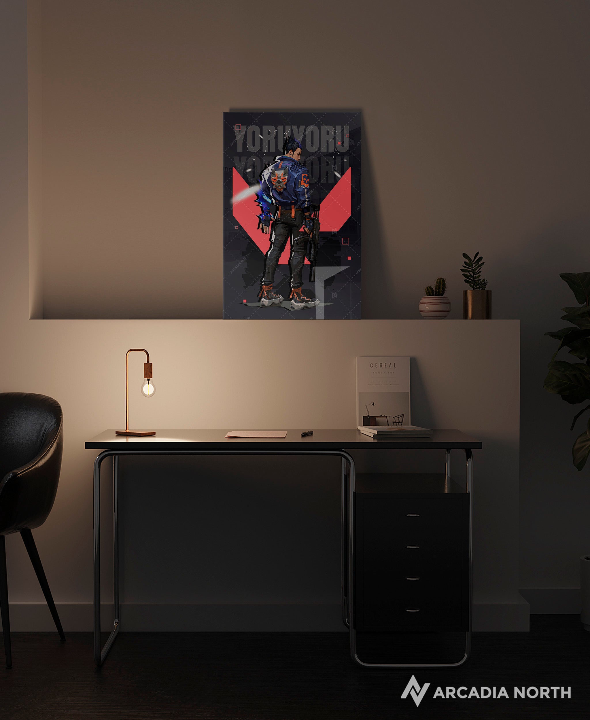 Valorant gaming acrylic poster by Arcadia North. Yoru agent wallpaper on dark/black background. Acrylic wall art printed on acrylic.