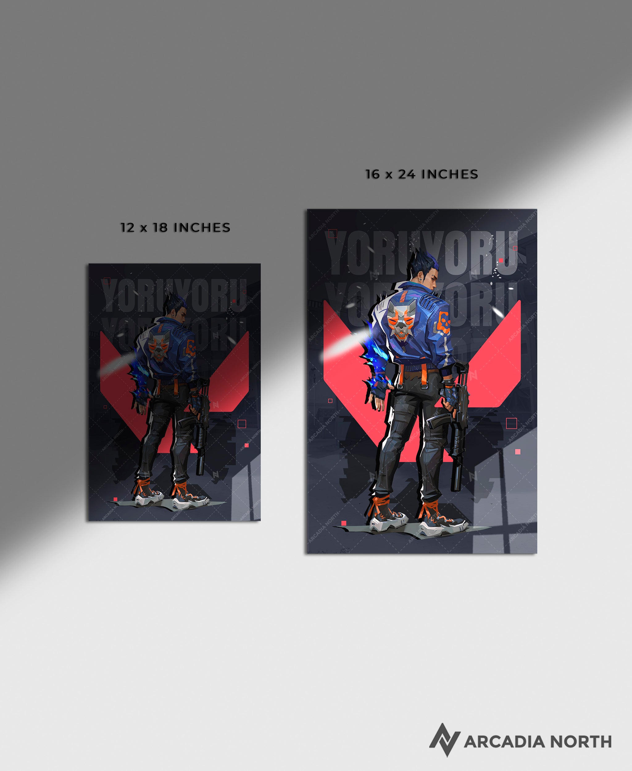 Valorant gaming acrylic poster by Arcadia North. Yoru agent wallpaper on dark/black background. Acrylic wall art printed on acrylic.