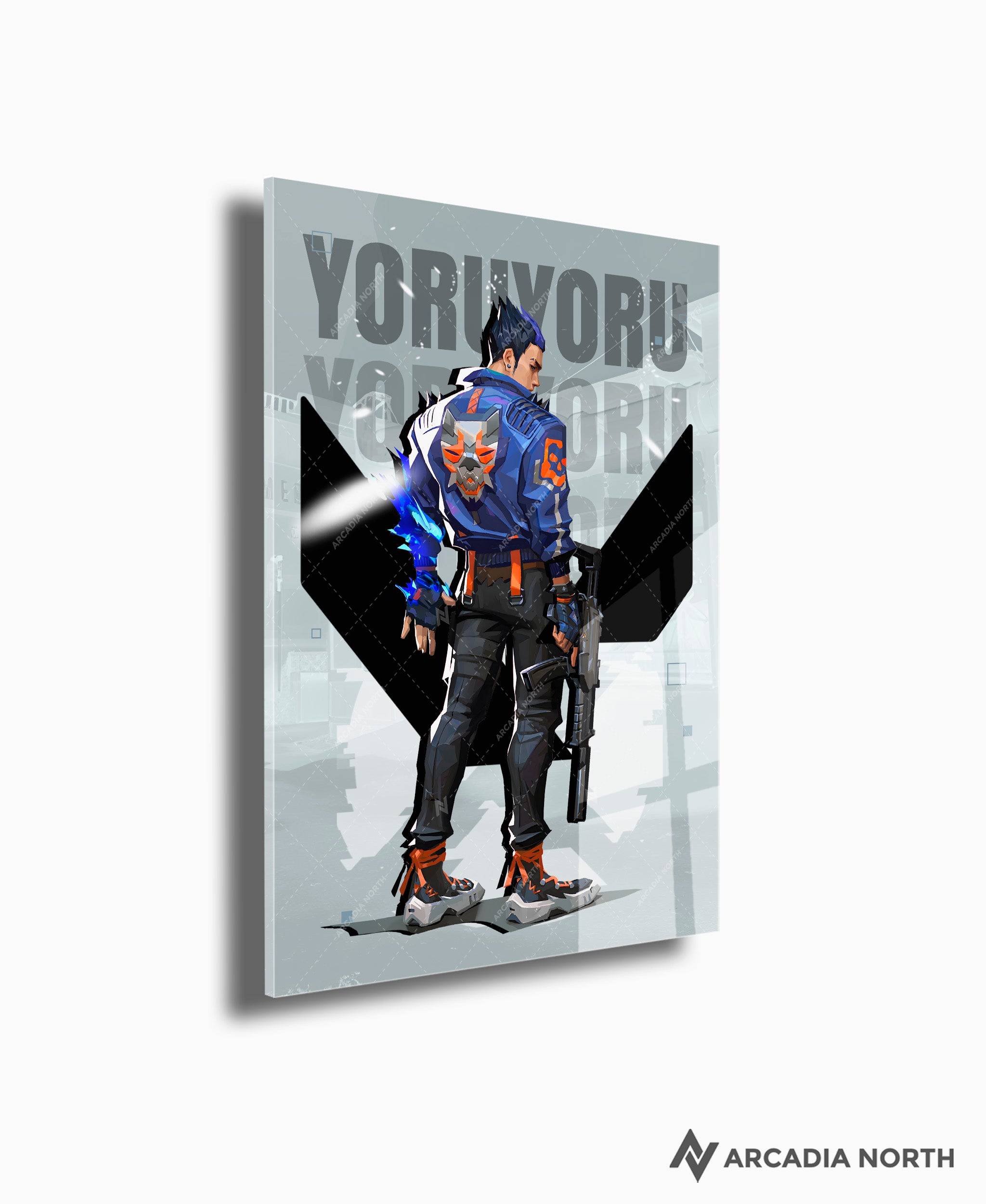 Valorant gaming acrylic poster by Arcadia North. Yoru agent wallpaper on light/white background. Acrylic wall art printed on acrylic.