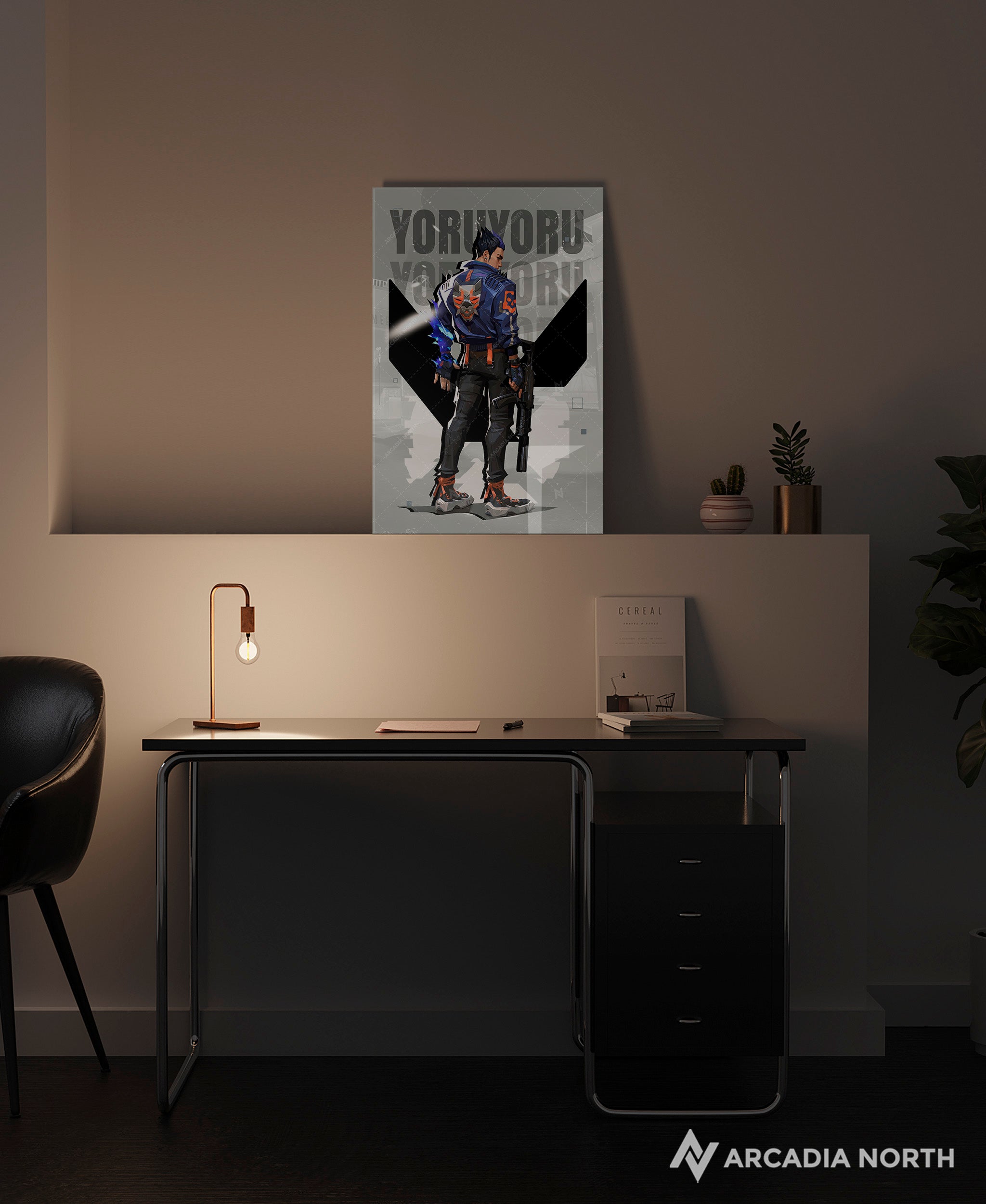Valorant gaming acrylic poster by Arcadia North. Yoru agent wallpaper on light/white background. Acrylic wall art printed on acrylic.