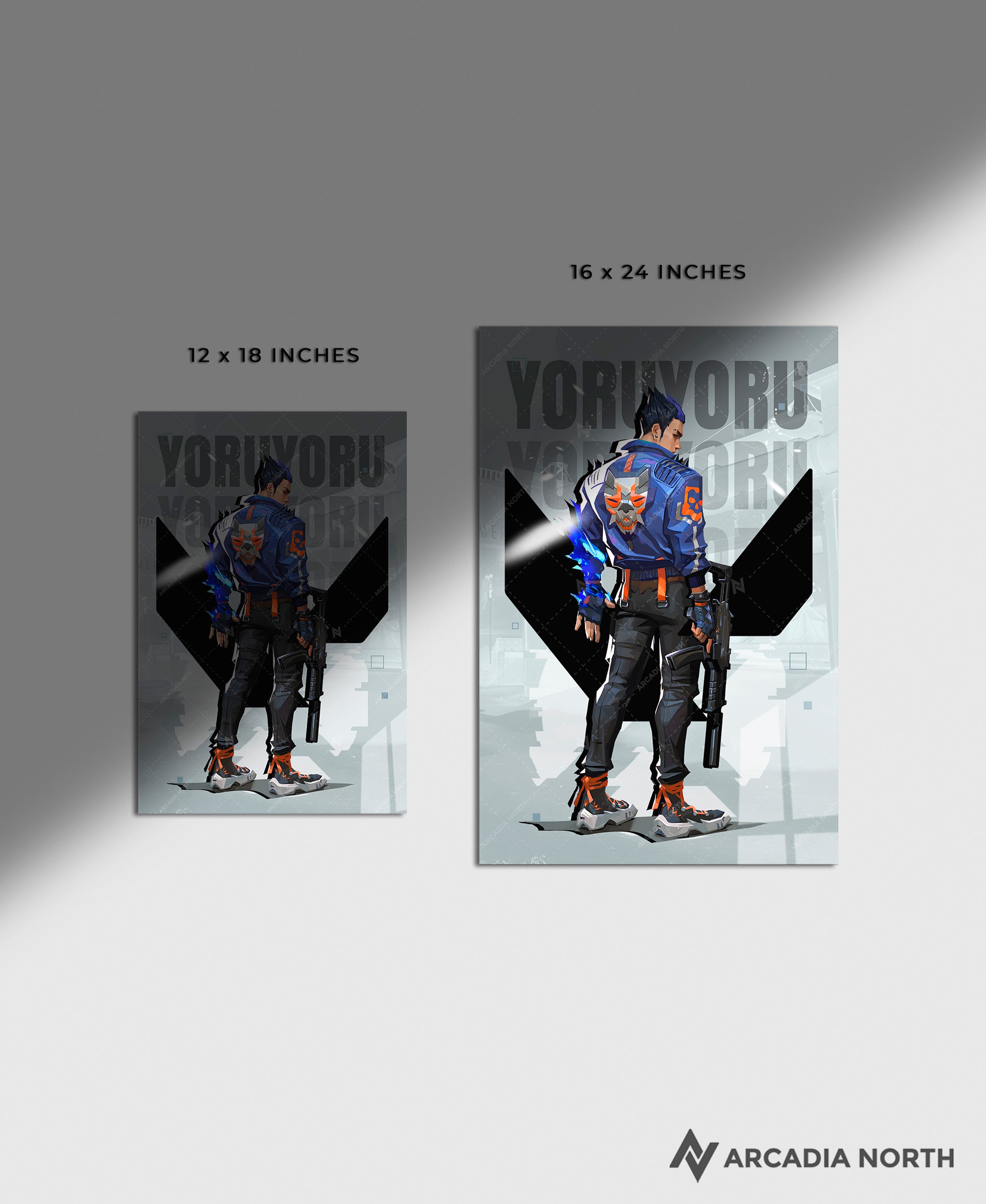 Valorant gaming acrylic poster by Arcadia North. Yoru agent wallpaper on light/white background. Acrylic wall art printed on acrylic.