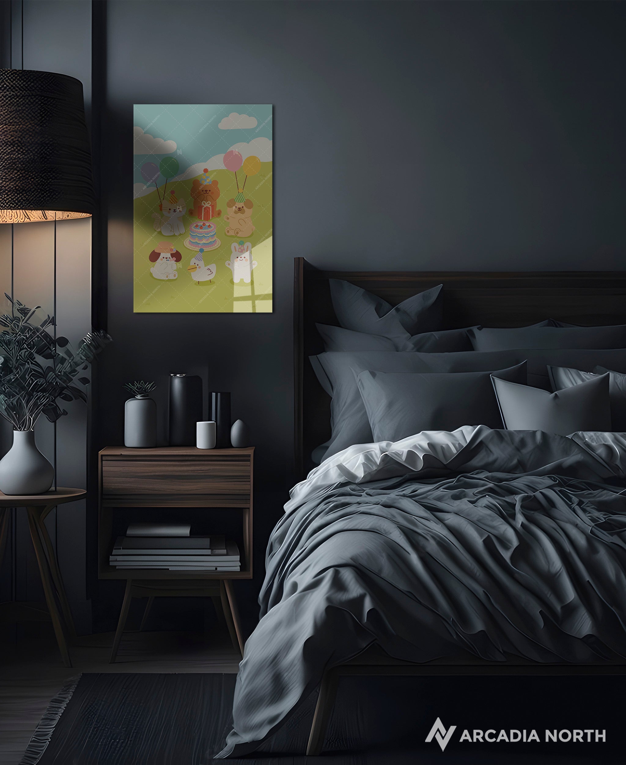 Arcadia North acrylic poster of a cute animal birthday party. Birthday Party by Wintermelon Shop. Acrylic wall art printed on acrylic.