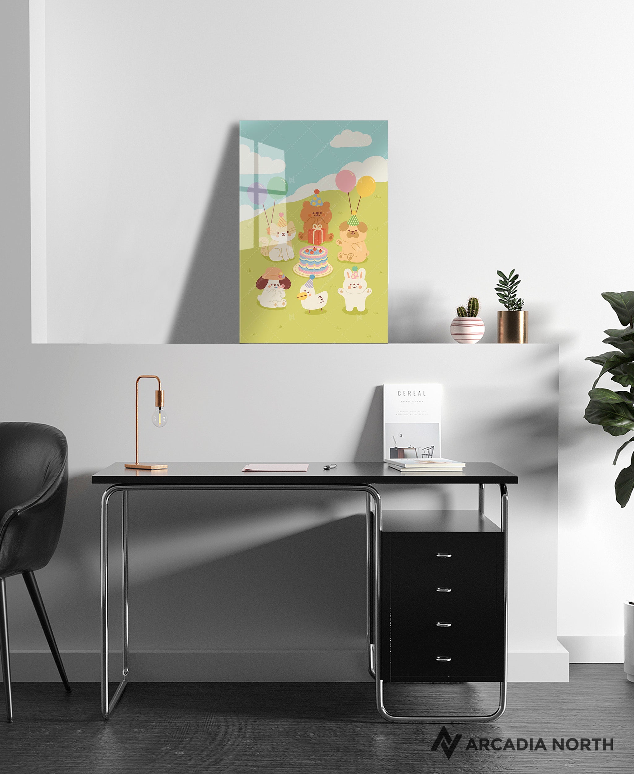 Arcadia North acrylic poster of a cute animal birthday party. Birthday Party by Wintermelon Shop. Acrylic wall art printed on acrylic.