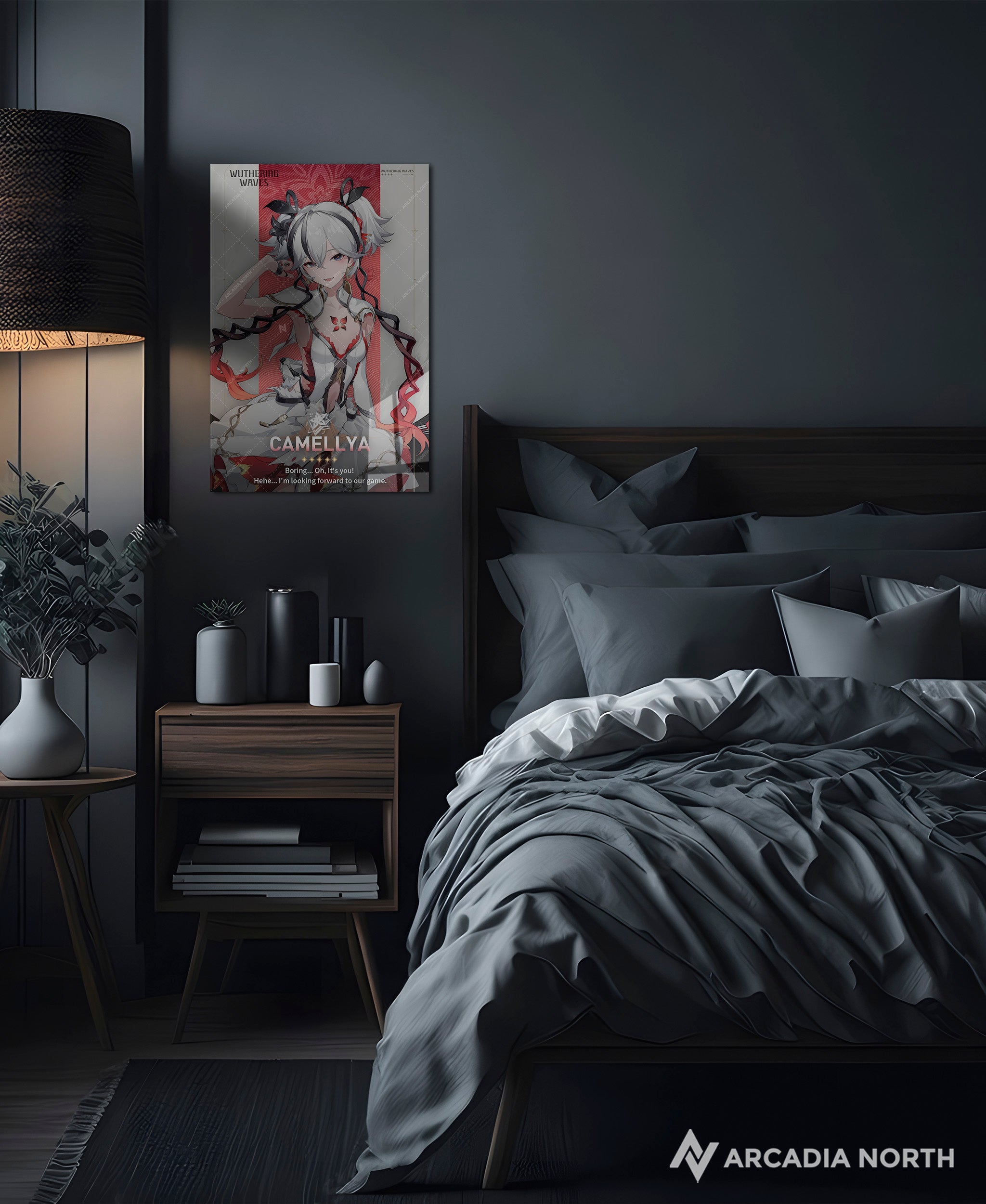 Wuthering Waves WuWa gaming acrylic poster by Arcadia North. Camellya Character Card. Acrylic wall art printed on acrylic.