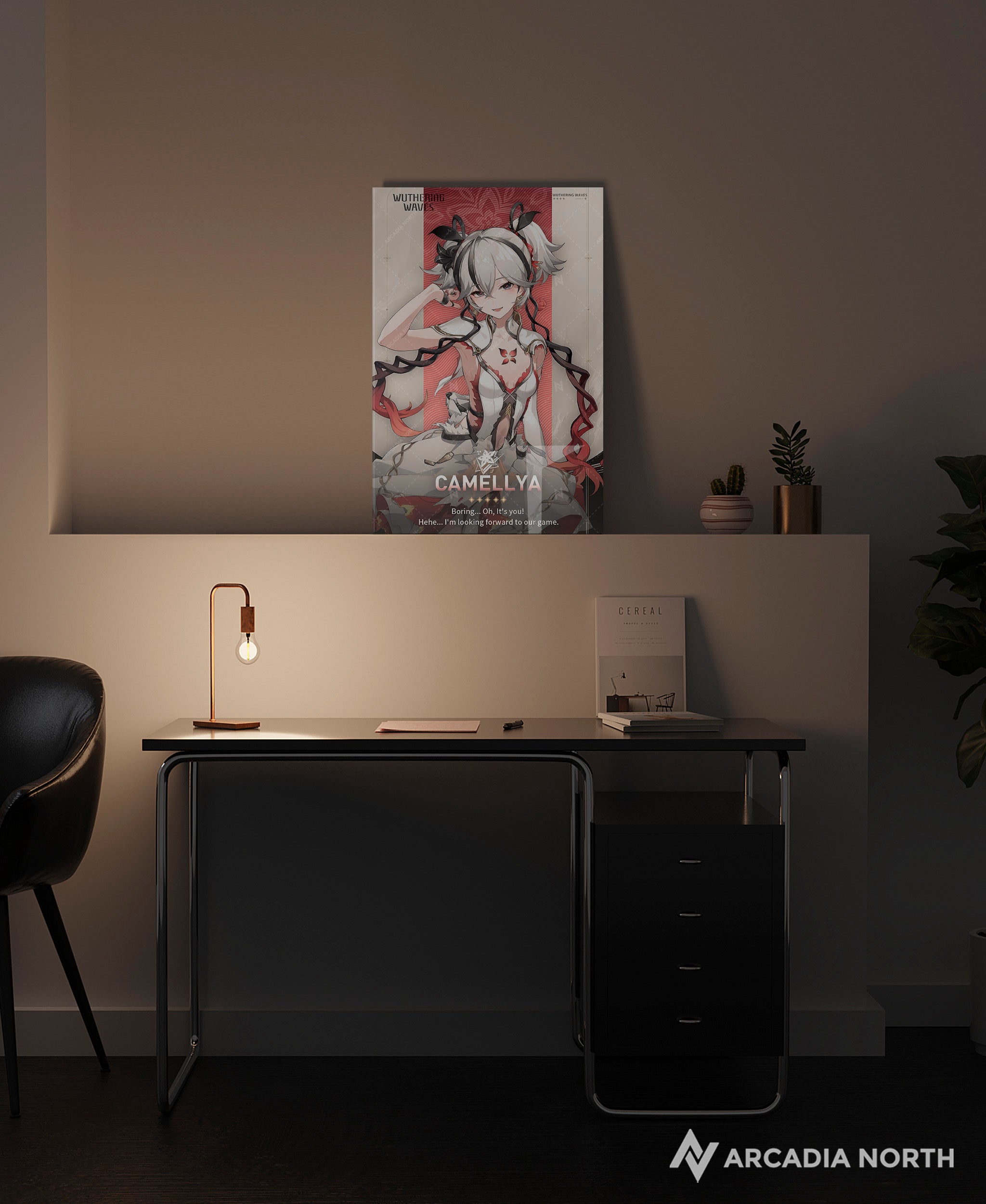 Wuthering Waves WuWa gaming acrylic poster by Arcadia North. Camellya Character Card. Acrylic wall art printed on acrylic.